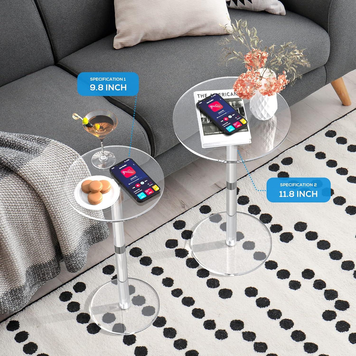 Acrylic End Table, Clear Side Tables for Small Space, 9.8" Round Modern Drink Table for Living Room, Bedroom, Bathroom, Office, Outdoor, Business, Sturdy and Easy to Install