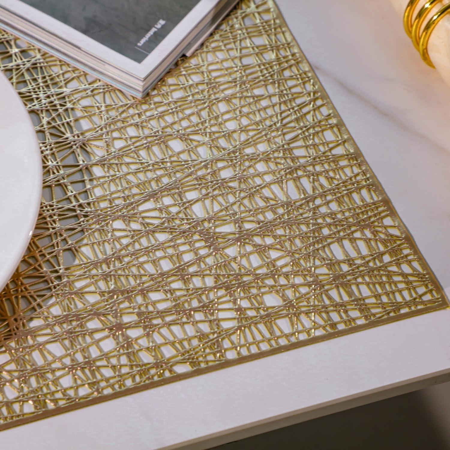 Holzlrgus Gold Rectangle Placemats Set of 4 Metallic Vinyl Easy to Clean Non-Slip Stain Heat Resistant Washable Wipeable Morden Abstract Table Mats for Dinning Wedding Party Festival