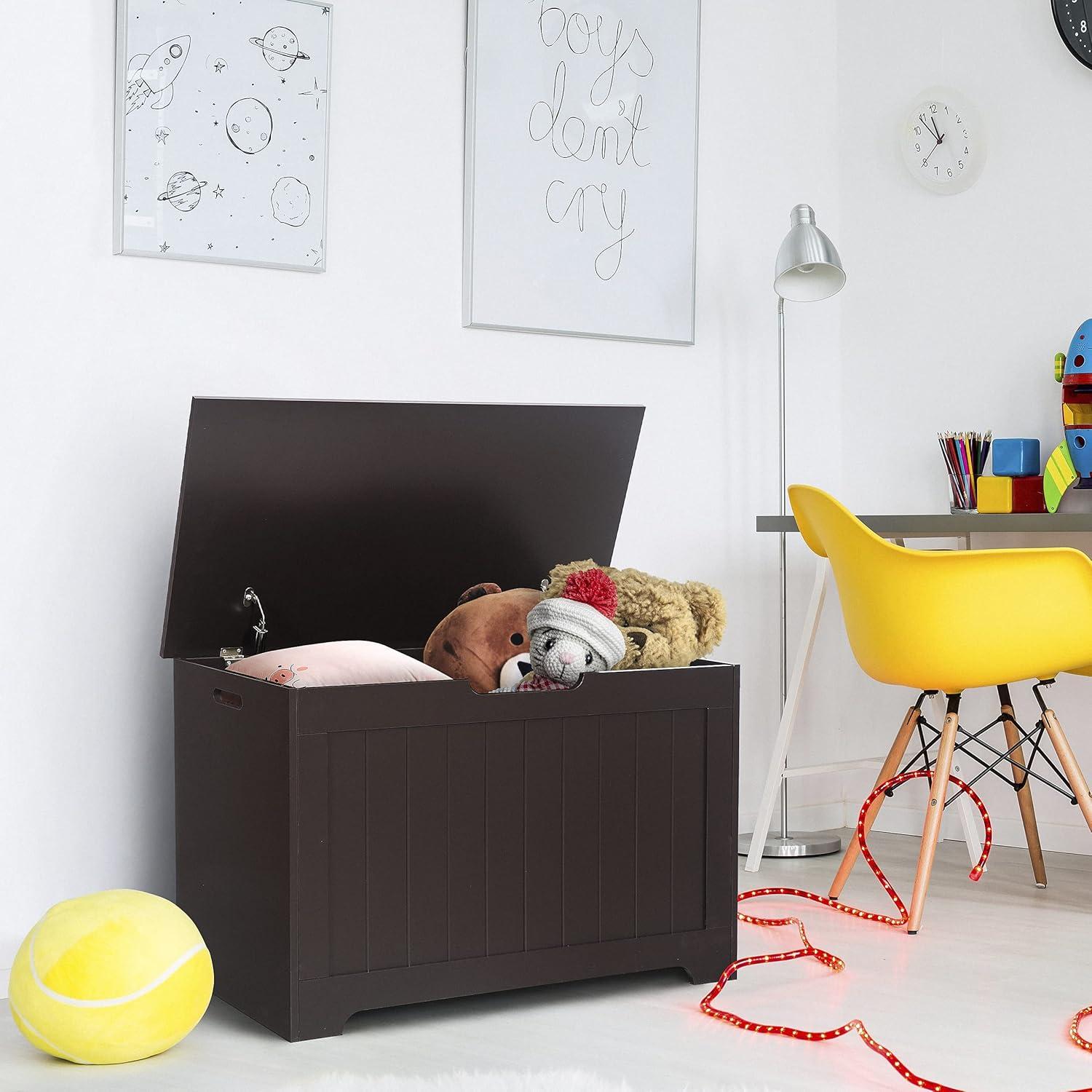 Toy Chest for Girls Boys Wooden Storage Box with Flip-top Lid & Safety Hinge, Kids Room Play Room Nursery Organizer, Bedroom Bench with 100L Storing Area, Brown