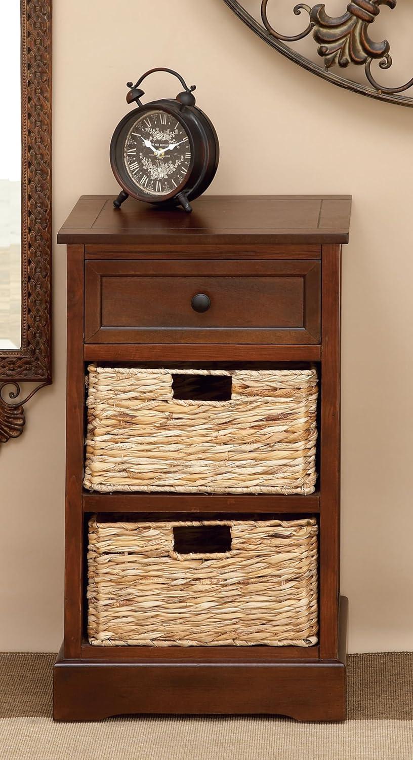 Elegant Brown Wooden Side Chest with Wicker Drawers - 33" x 20.5"