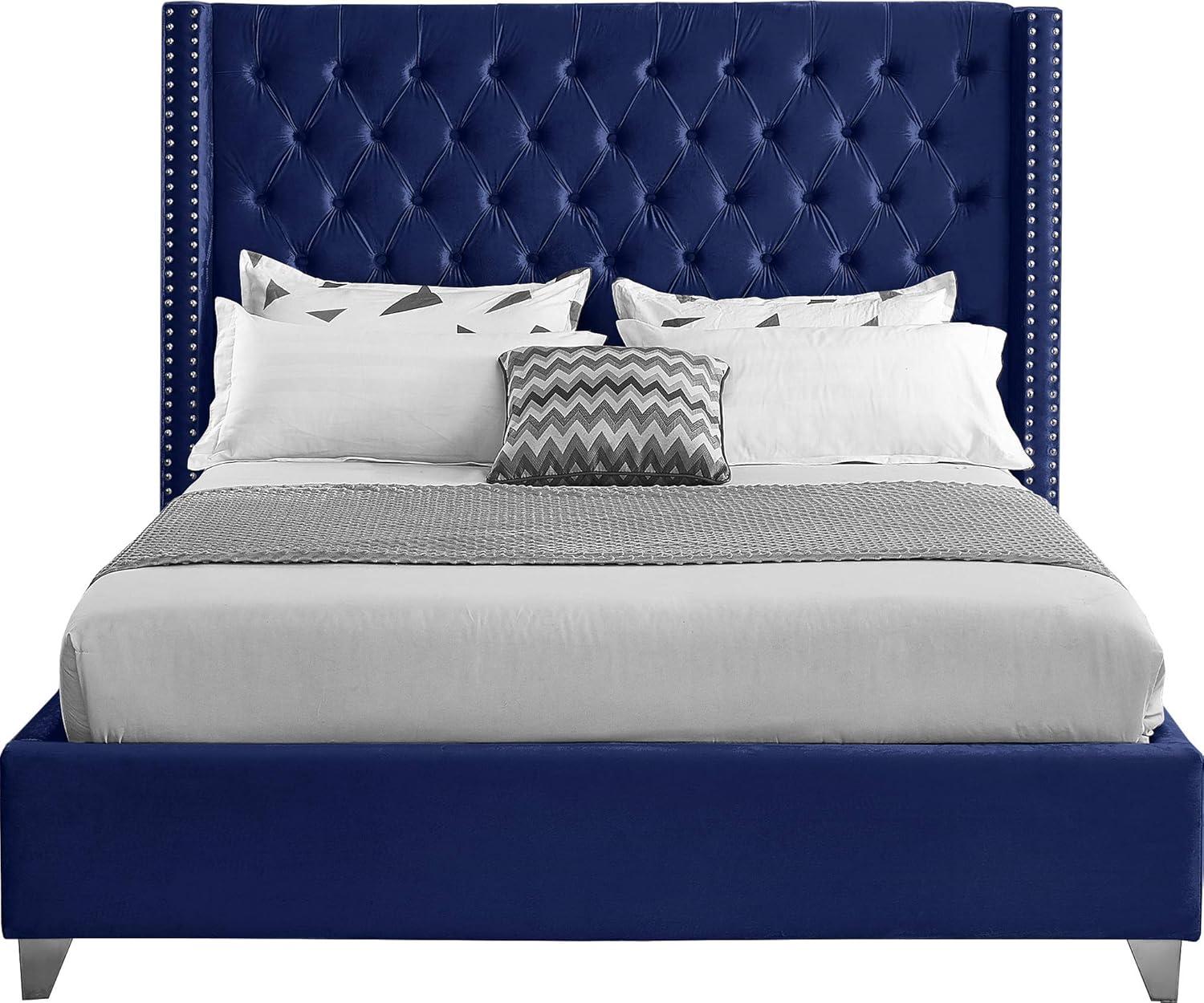 Meridian Furniture Aiden Velvet Queen Bed-Color:Navy Velvet,Style:Contemporary