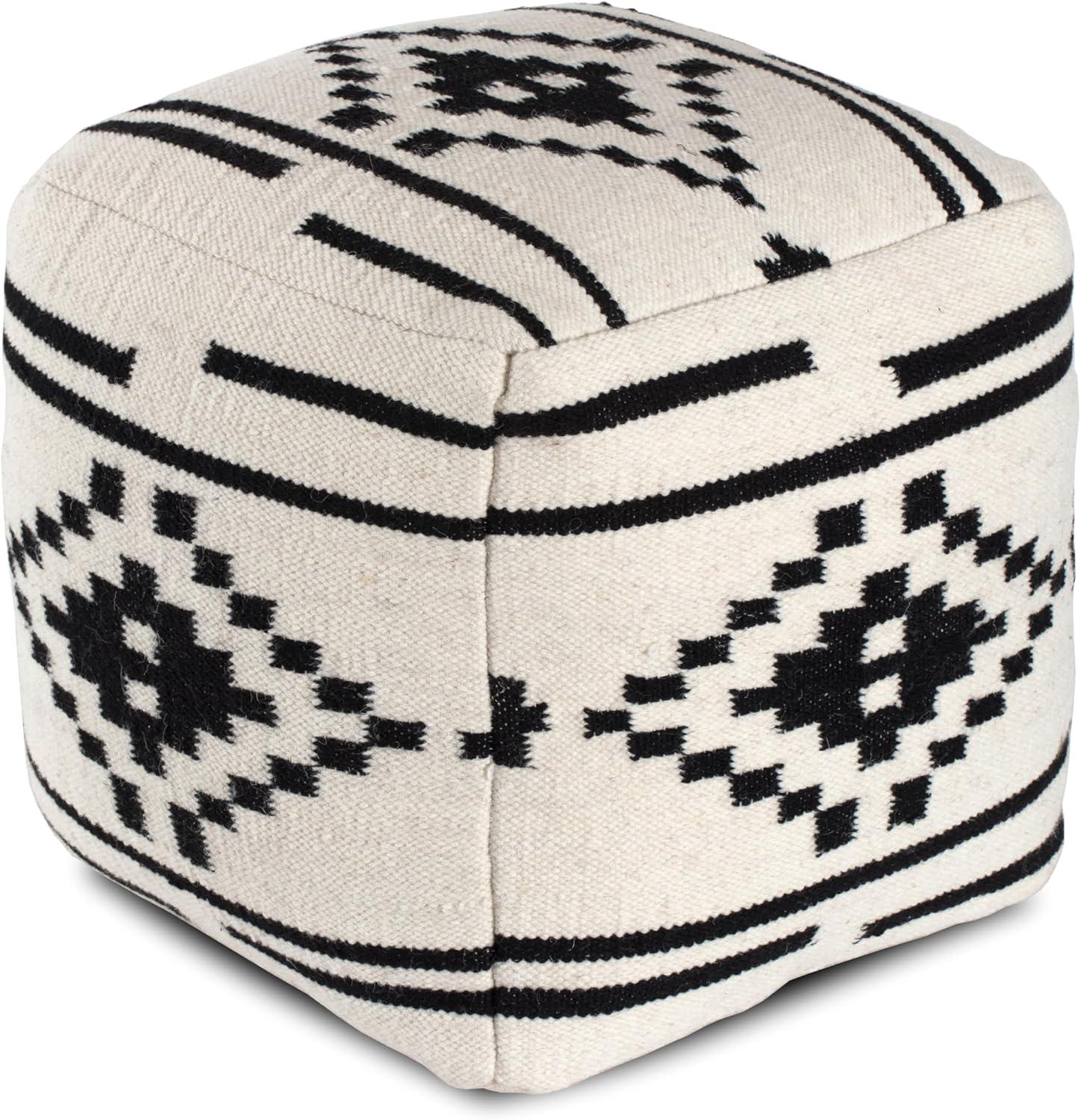 Handcrafted Geometric Black & White Wool-Cotton Pouf, 20"