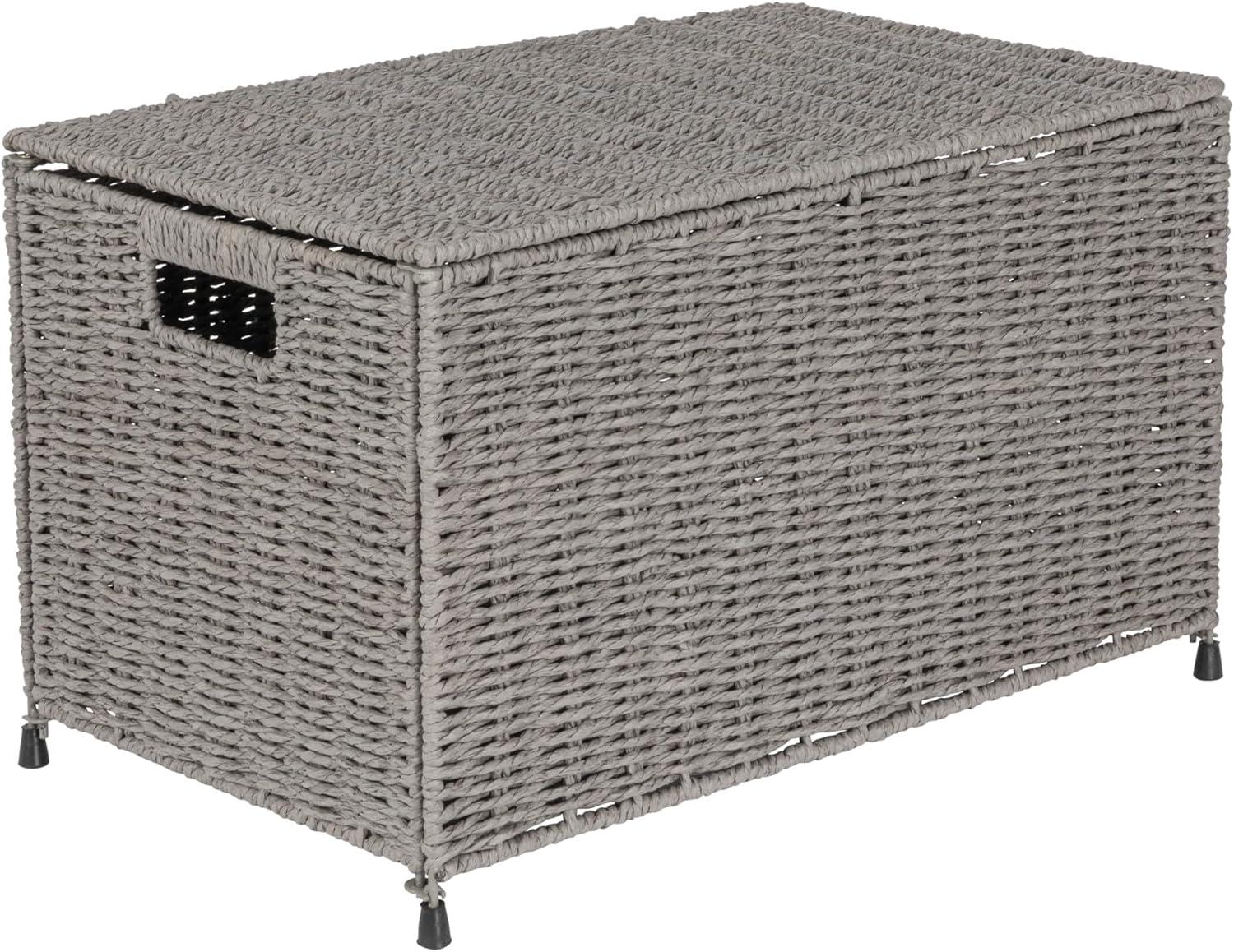 Household Essentials Woven Paper Rope Storage Chest with Hinged Lid and Integrated Handles Gray