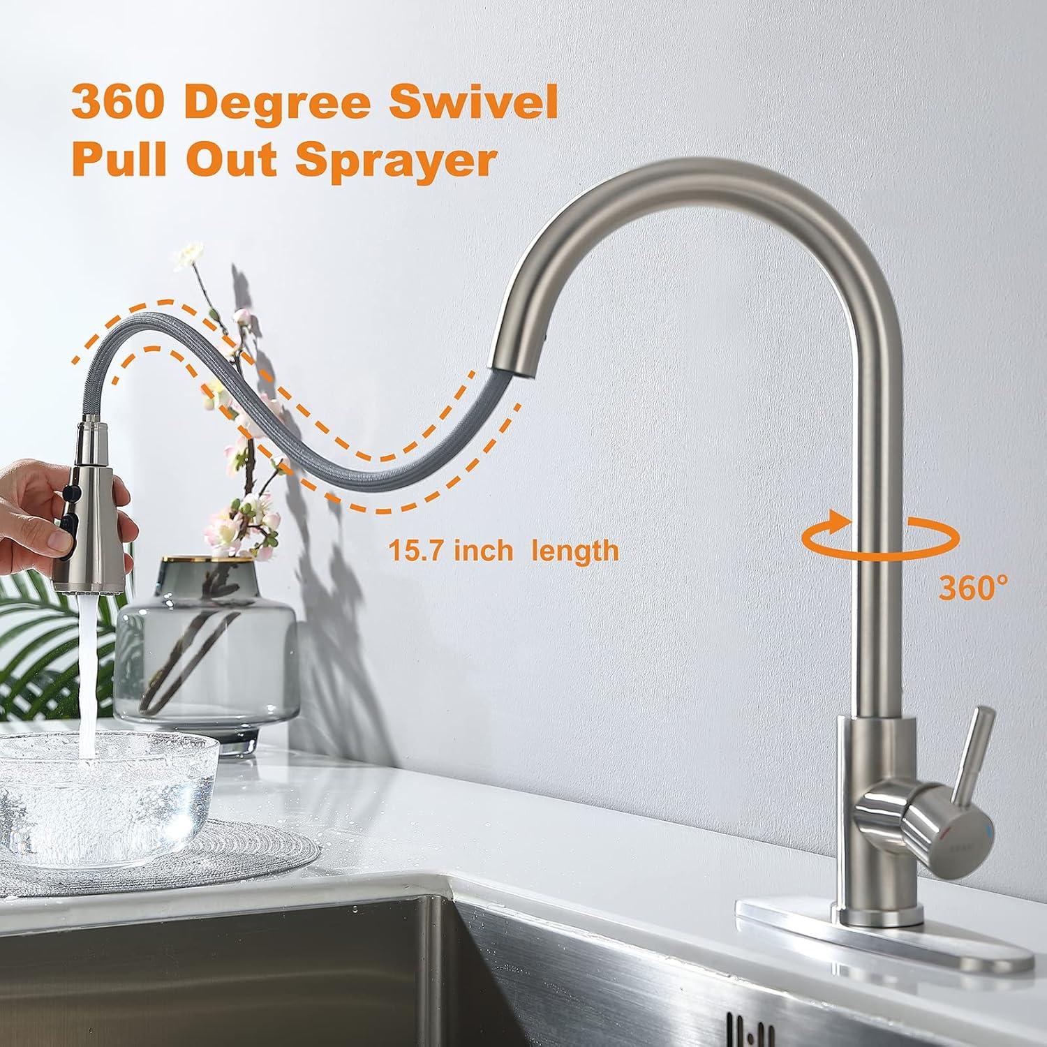 Kitchen Faucet With Pull Down Sprayer, Brush Nickel Pull Out Kitchen Faucet With Kitchen Soap Dispenser, Single Level Stainless Steel Kitchen Faucet, Single Handle High Arc Kitchen Faucet