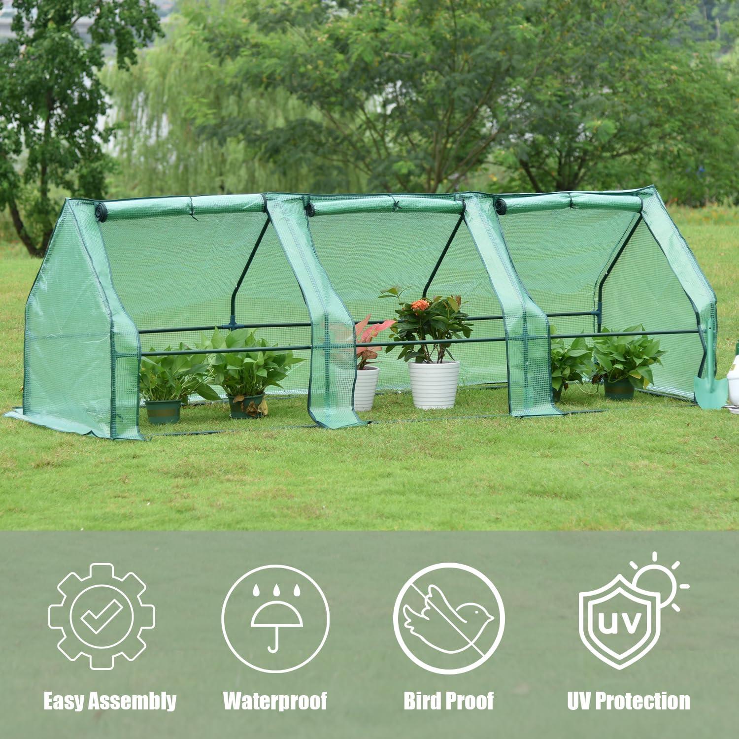 Aoodor 9 ft. x 3 ft. x 3 ft. Mini Greenhouse with 3 Zipper Doors, Water Resistant UV Protected for Flowers, vegetables and herbs - Green