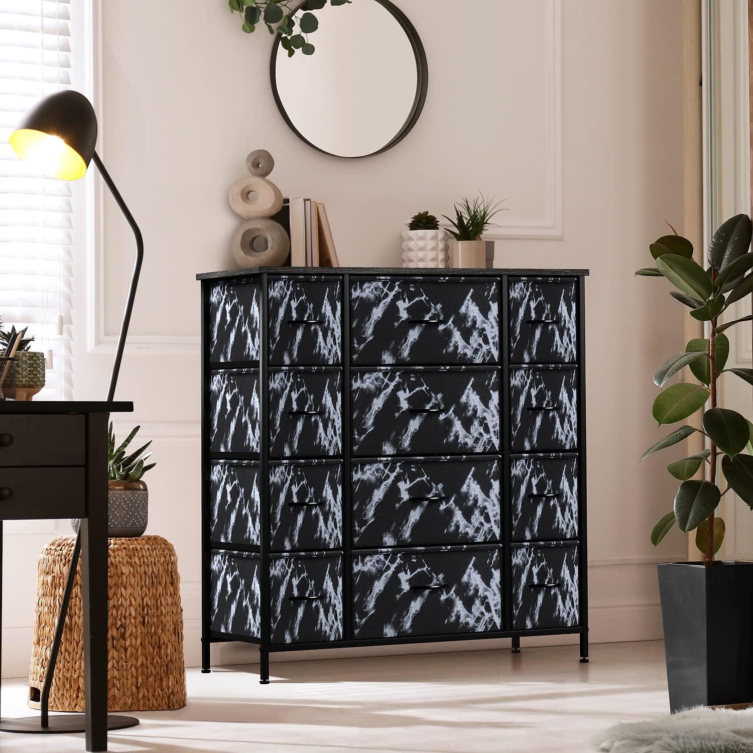 Sleek Black Marble 12-Drawer Vertical Nursery Dresser with Soft Close