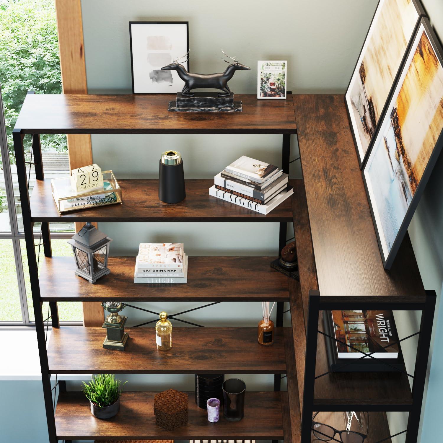 Vintage Industrial Brown 6-Shelf Corner Bookshelf with Metal Frame