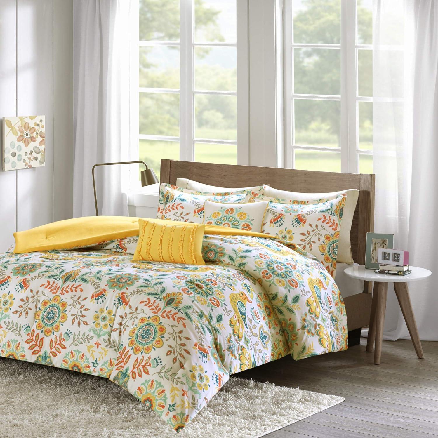 White Microfiber Twin Boho Floral Comforter Set