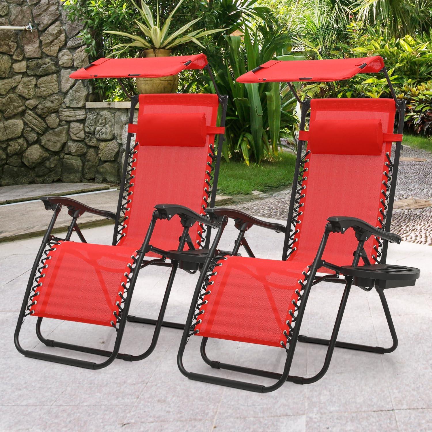 MoNiBloom Folding Chairs Set of 2 for Outside, Zero Gravity Patio Beach Lounger w/ Canopy Shade & Headrest, Red