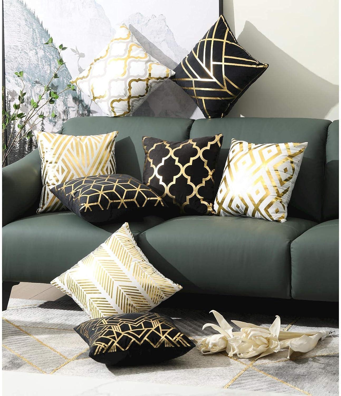 Efavormart Set Of 4 | 18" Black/Gold Foil Geometric Print Throw Pillow Covers, Velvet Square Sofa Cushion Covers