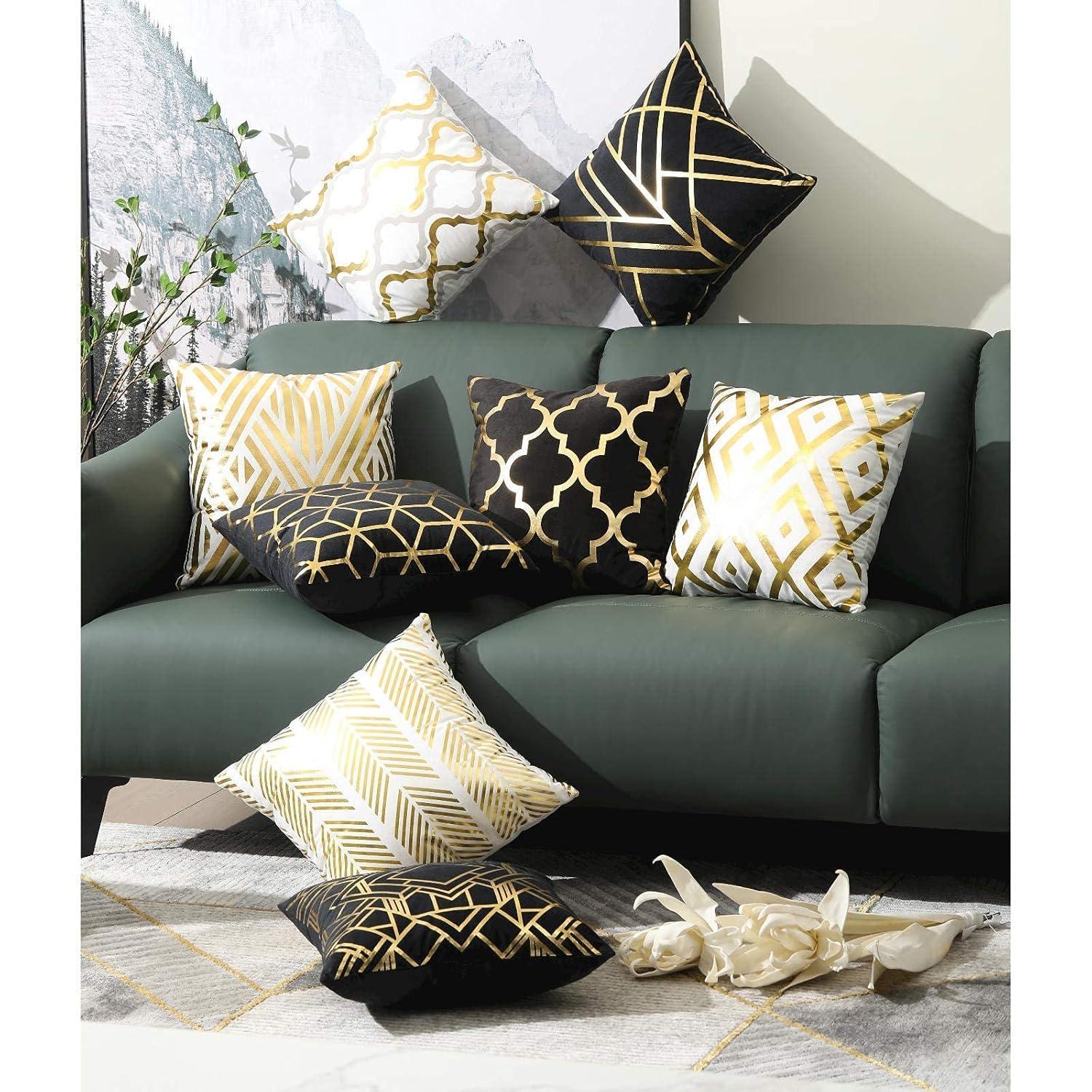 Efavormart Set Of 4 | 18" Black/Gold Foil Geometric Print Throw Pillow Covers, Velvet Square Sofa Cushion Covers