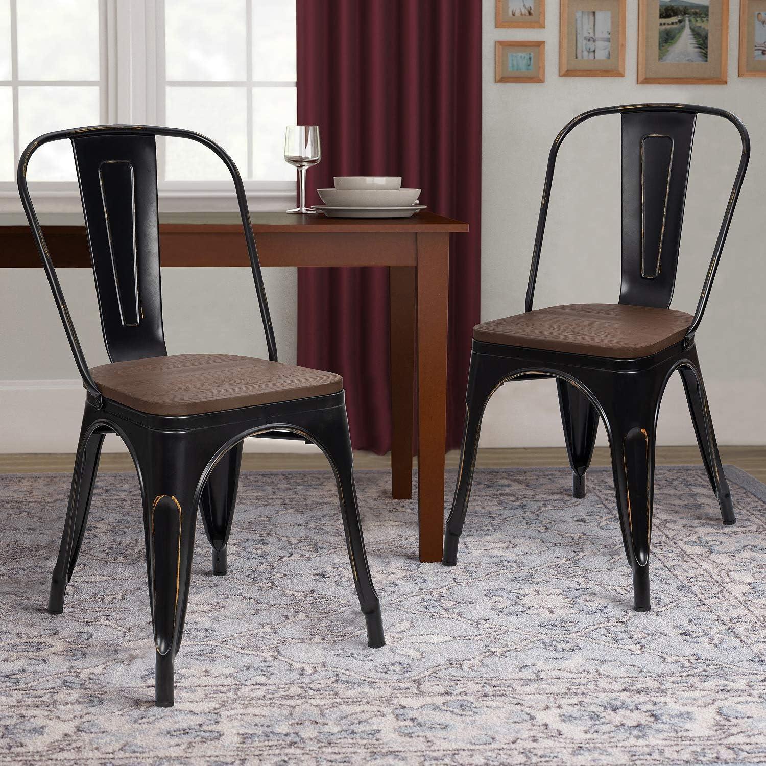 Furmax Metal Dining Chair Indoor Outdoor Use Stackable Chic Side Classic Trattoria Metal Chairs Set of 4 for Kitchen, Dining Room, Bistro and Cafe (Distressed White)