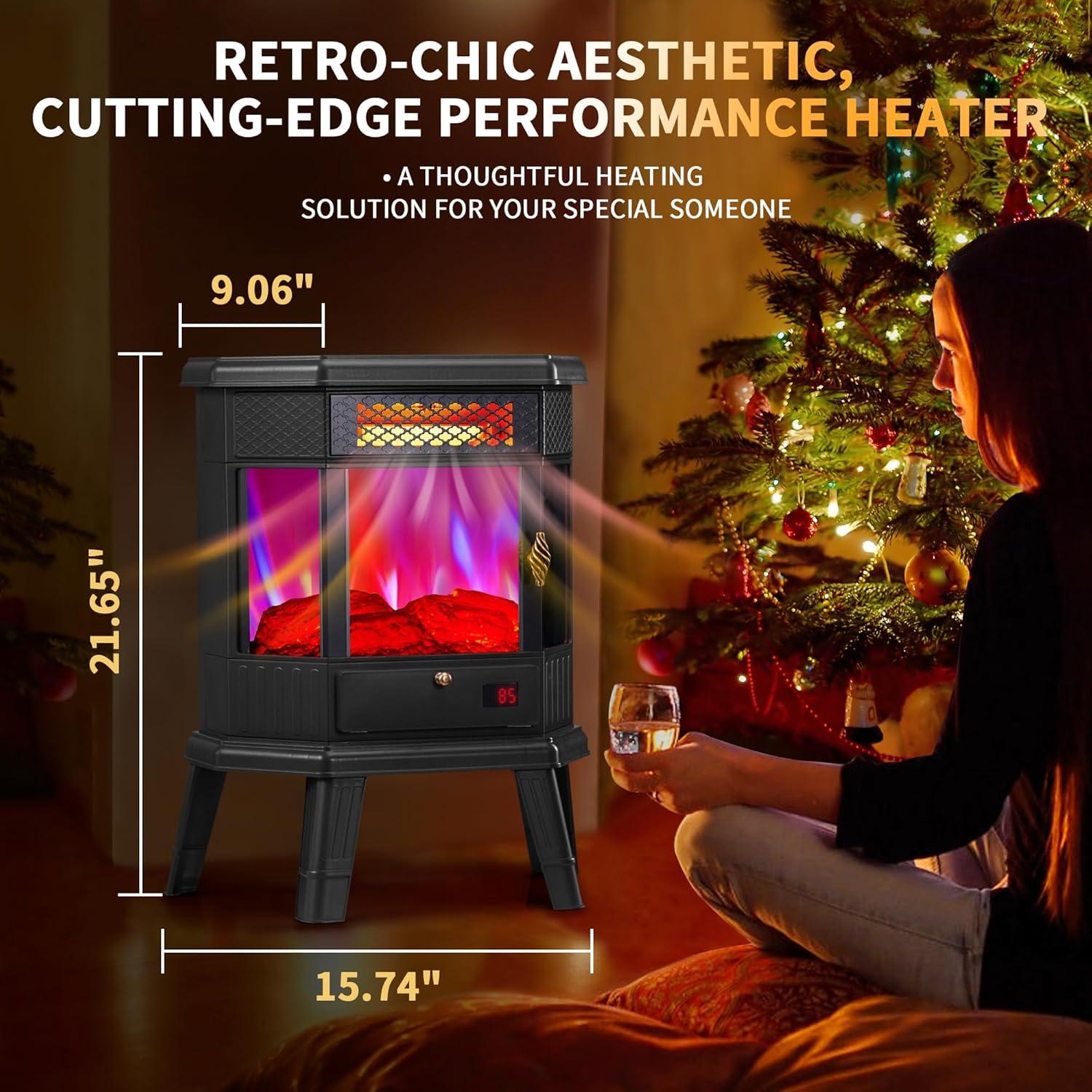 Black Freestanding Electric Fireplace Heater with 3D Flame Effect and Remote