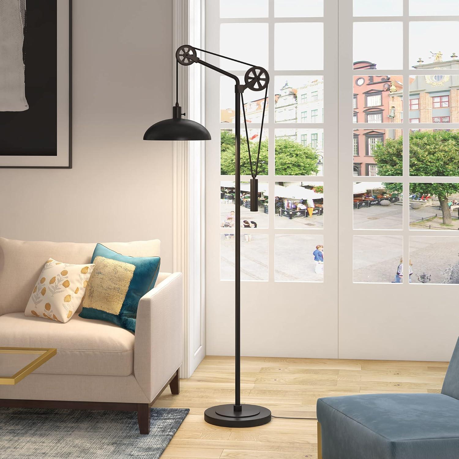 Evelyn&Zoe Industrial Metal Floor Lamp with Spoke Wheel Pulley System