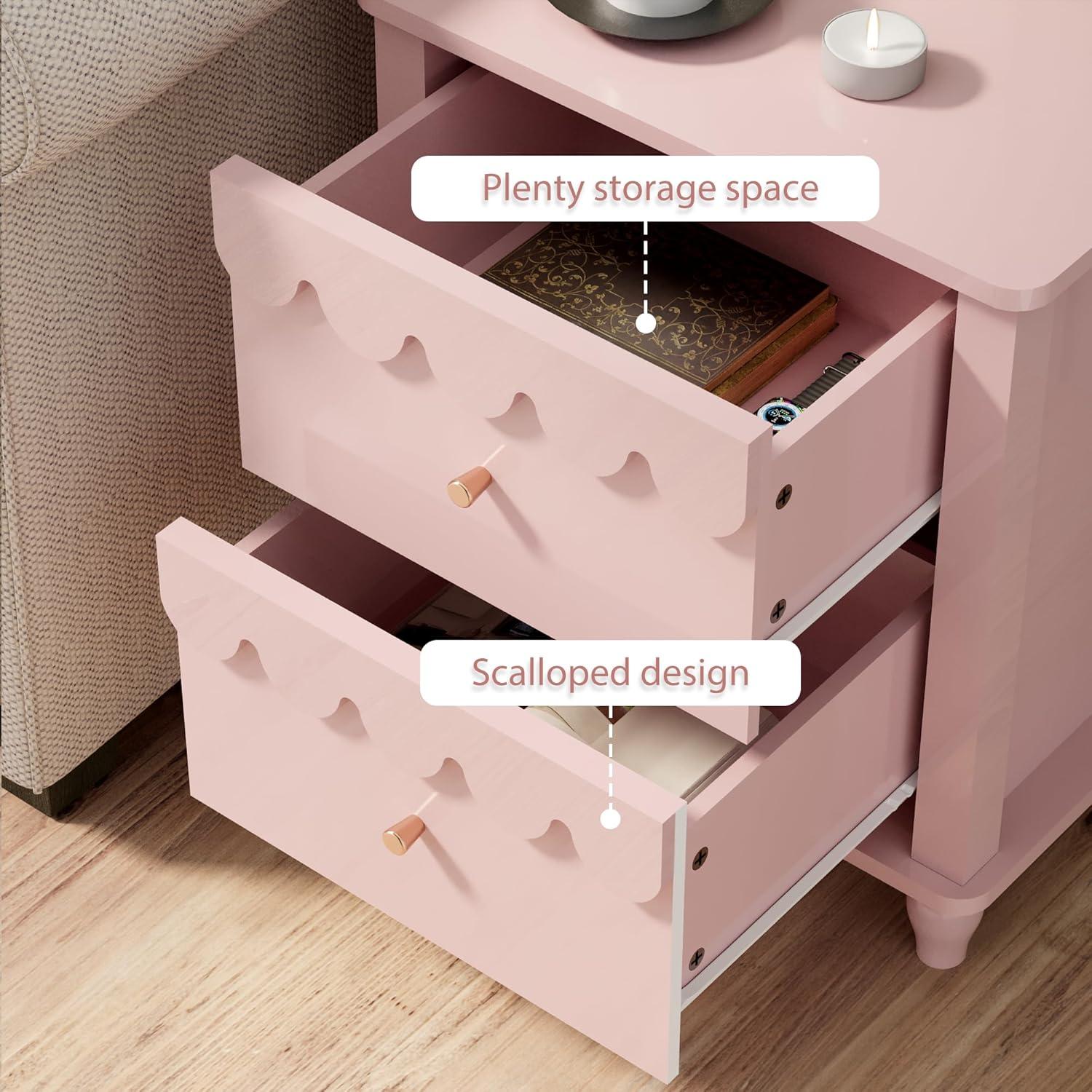 Pink MDF 2-Drawer Scalloped Nightstand with Solid Wood Legs