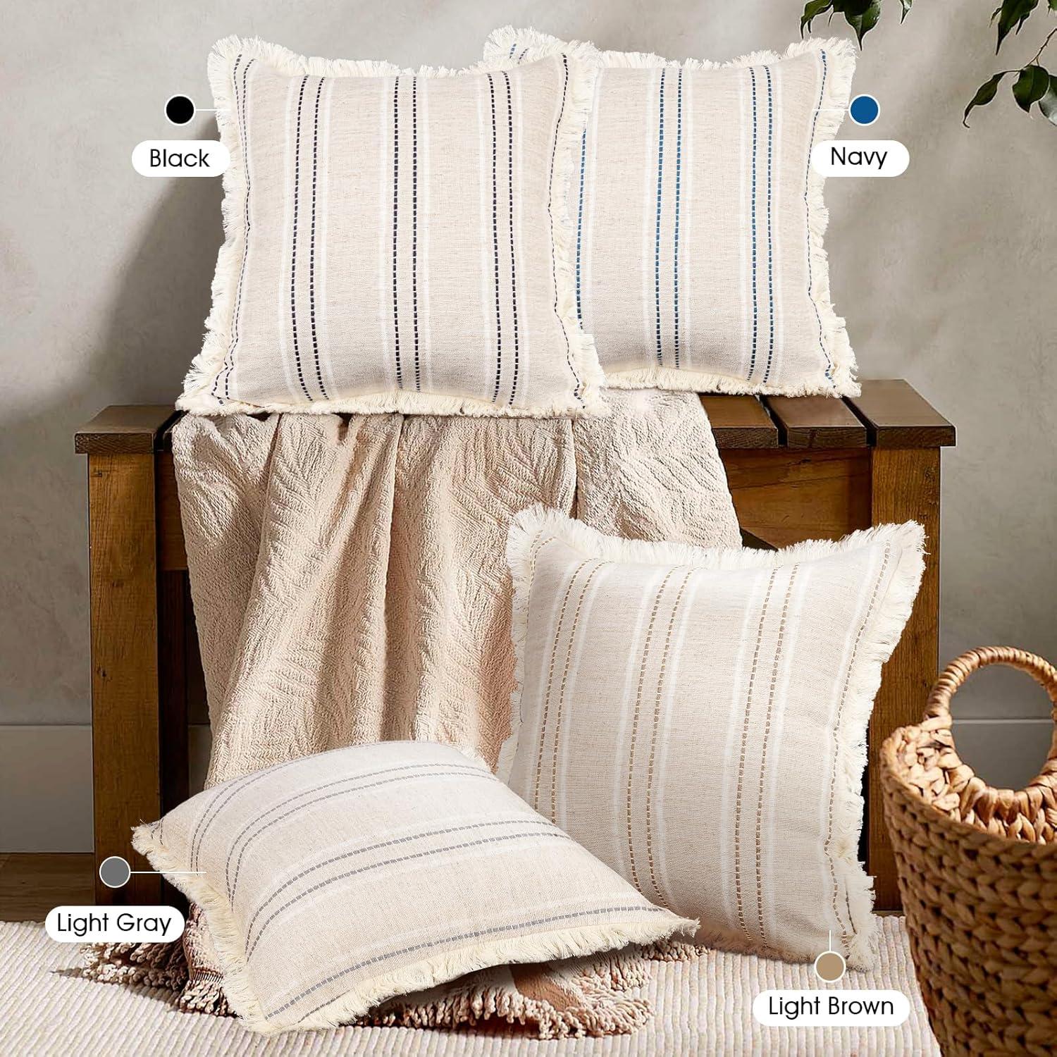 AELS 20x20 Decorative Farmhouse Linen Throw Pillow Covers with Fringe,Boho Textured Pillow Case,Set of 2,Beige with White & Navy Blue Stitch Yarn Dyed Stripe Cushion Cover for Sofa Couch (Cover ONLY)