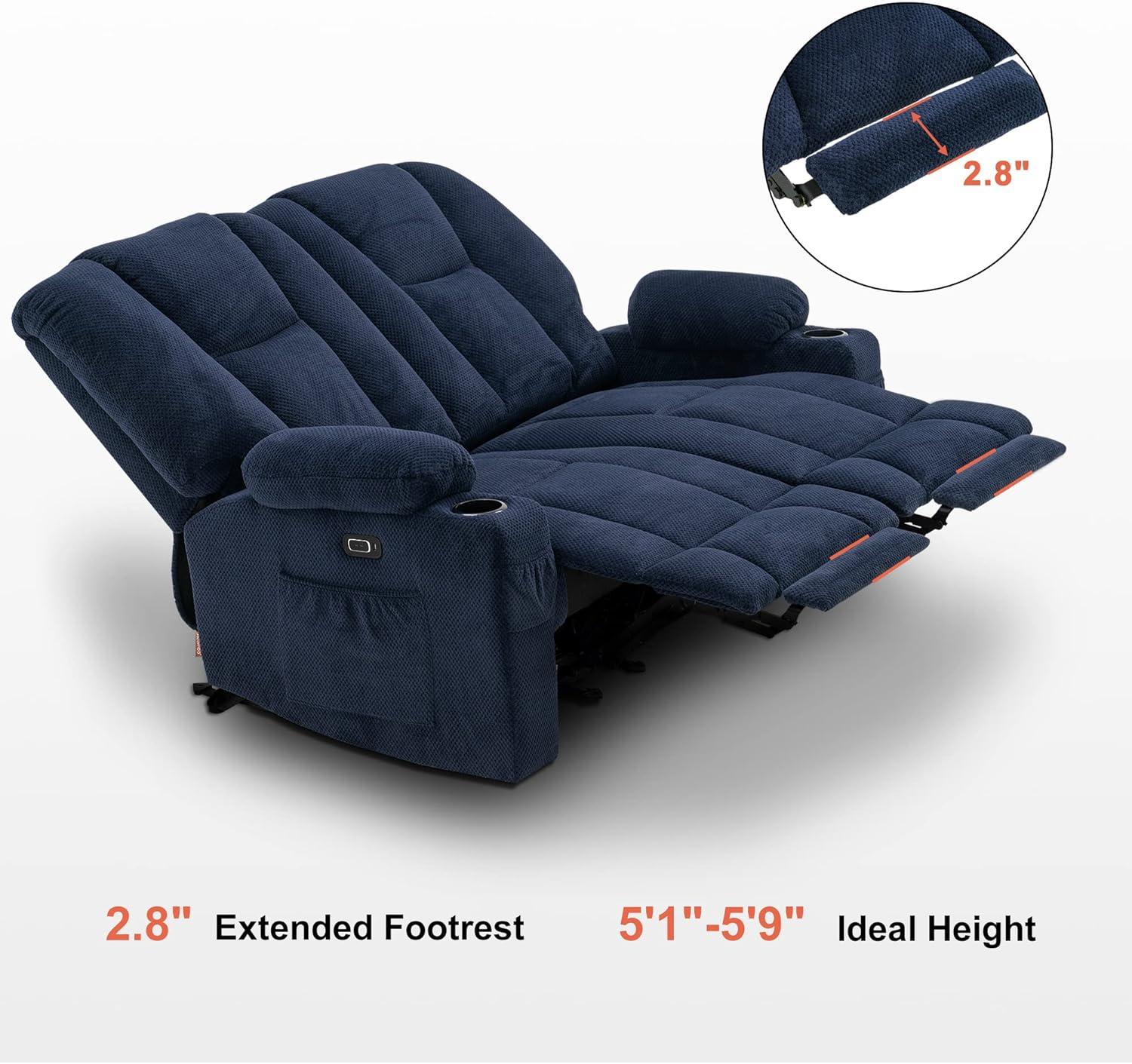 Navy Blue Fabric Reclining Loveseat with Cup Holders