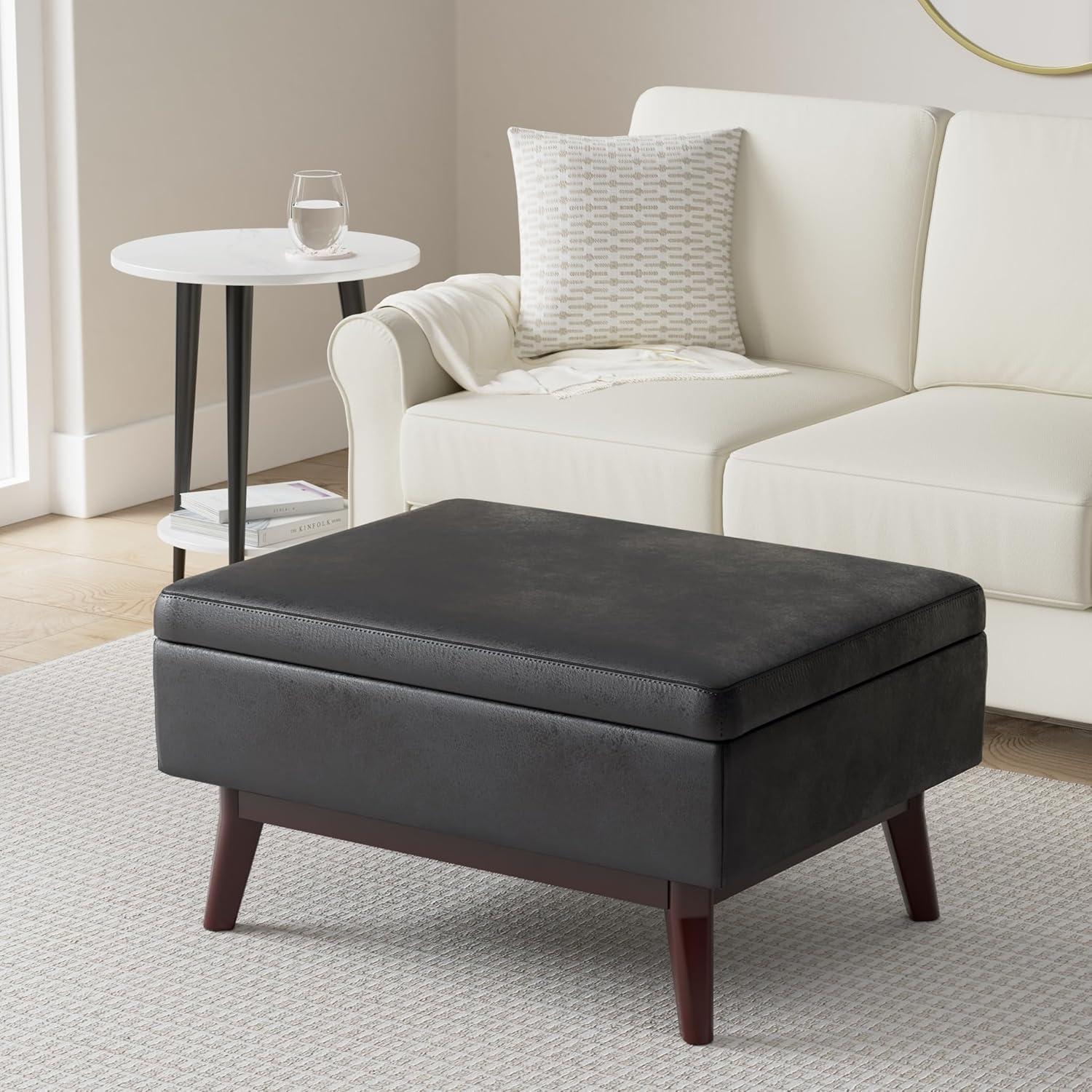 Simpli Home Owen Faux Leather Storage Coffee Table Ottoman in Distressed Black