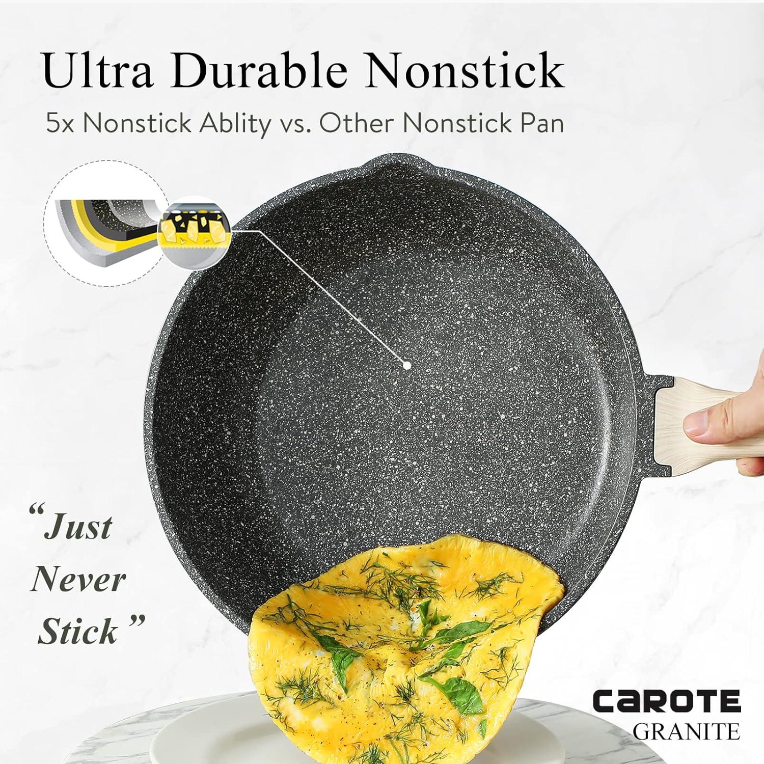 Granite Nonstick Deep Frying Pan with Lid and Wooden Handle