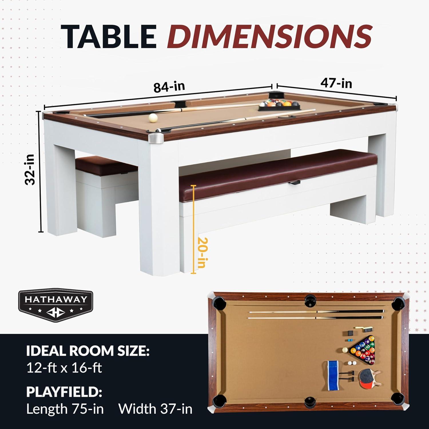 Hathaway Newport Stylish 7 Ft Multi Game Pool Table Combo with Dining Top and Ping Pong – Includes Benches for Home Storage and Accessories