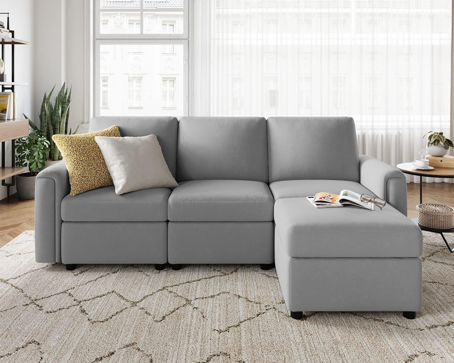 LINSY HOME Modular Couches and Sofas Sectional with Storage, 4 Seat Sectional Sofa for Living Room, L Shaped Sectional Couch with Reversible Chaises, Light Gray