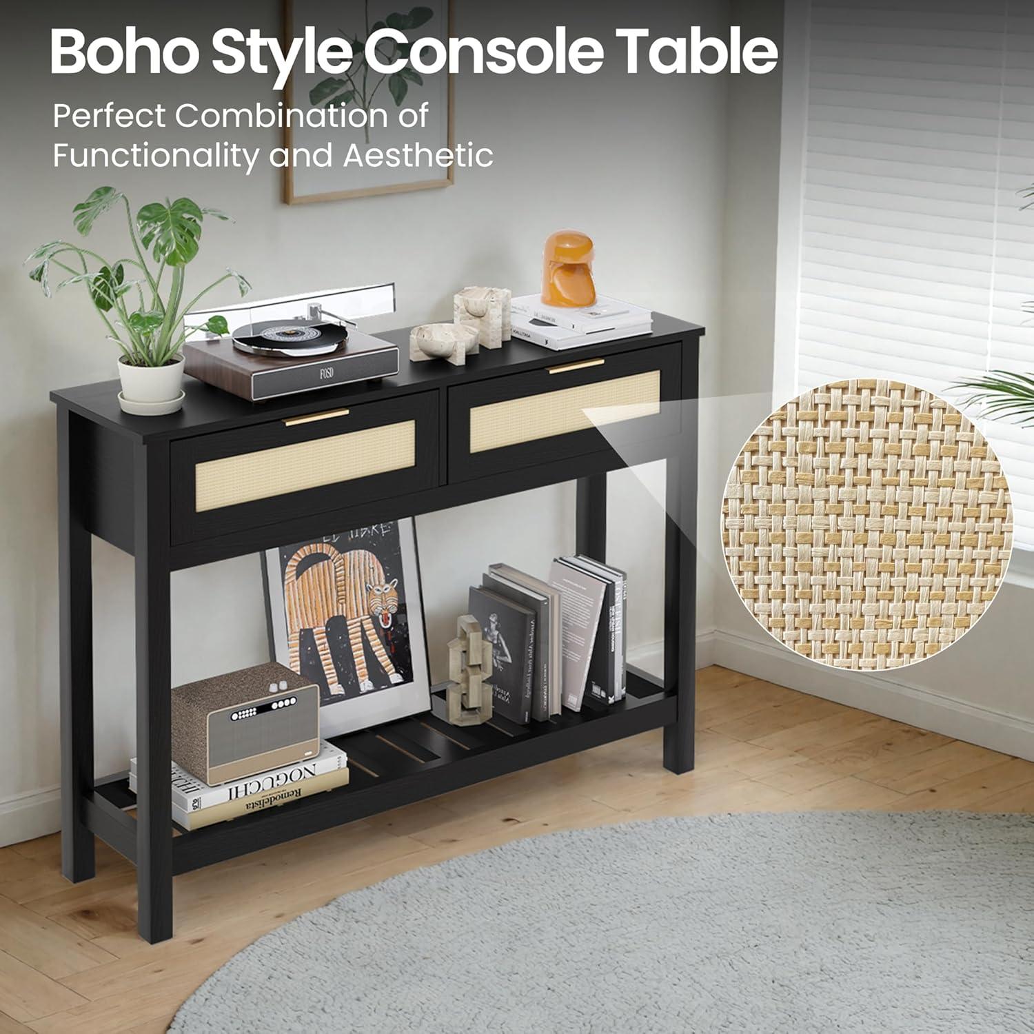 Console Tables with 2 Drawers,Rattan Entryway Table with Storage Shelf,Wood Boho Foyer Tables for Entryway,Farmhouse Console Tables for Living Room,Hallway, Sofa Table,Study Or TV Wall