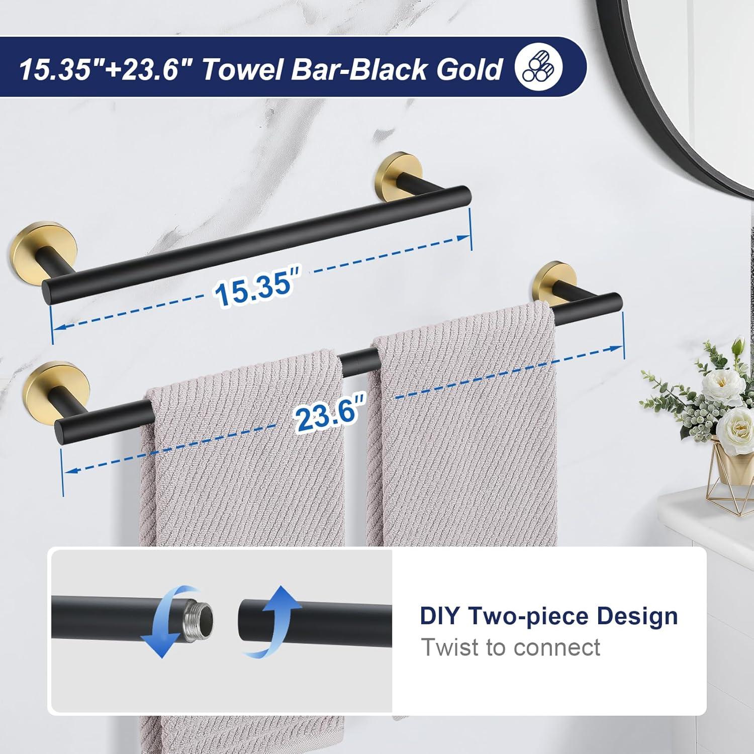 5 Pieces Black Gold Bathroom Hardware Set, 23.6 Inches Bathroom Towel Rack Set Bath Towel Bar Set, SUS304 Stainless Steel Bathroom Accessories Kit Wall Mounted