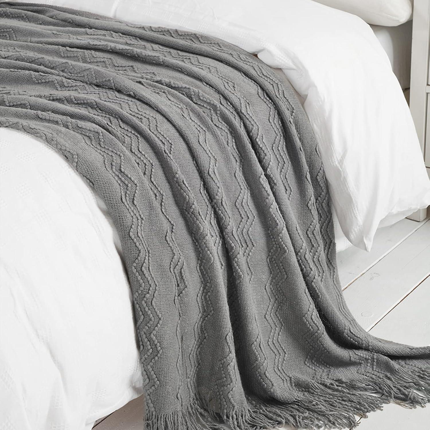 Gray Knitted Acrylic Throw Blanket with Fringe, 50" x 60"