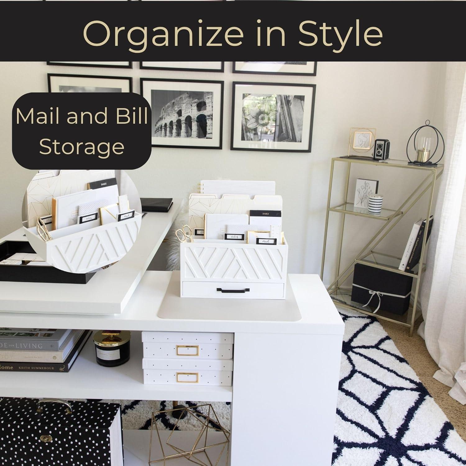 White Wooden 3-Tier Mail Organizer with Drawer