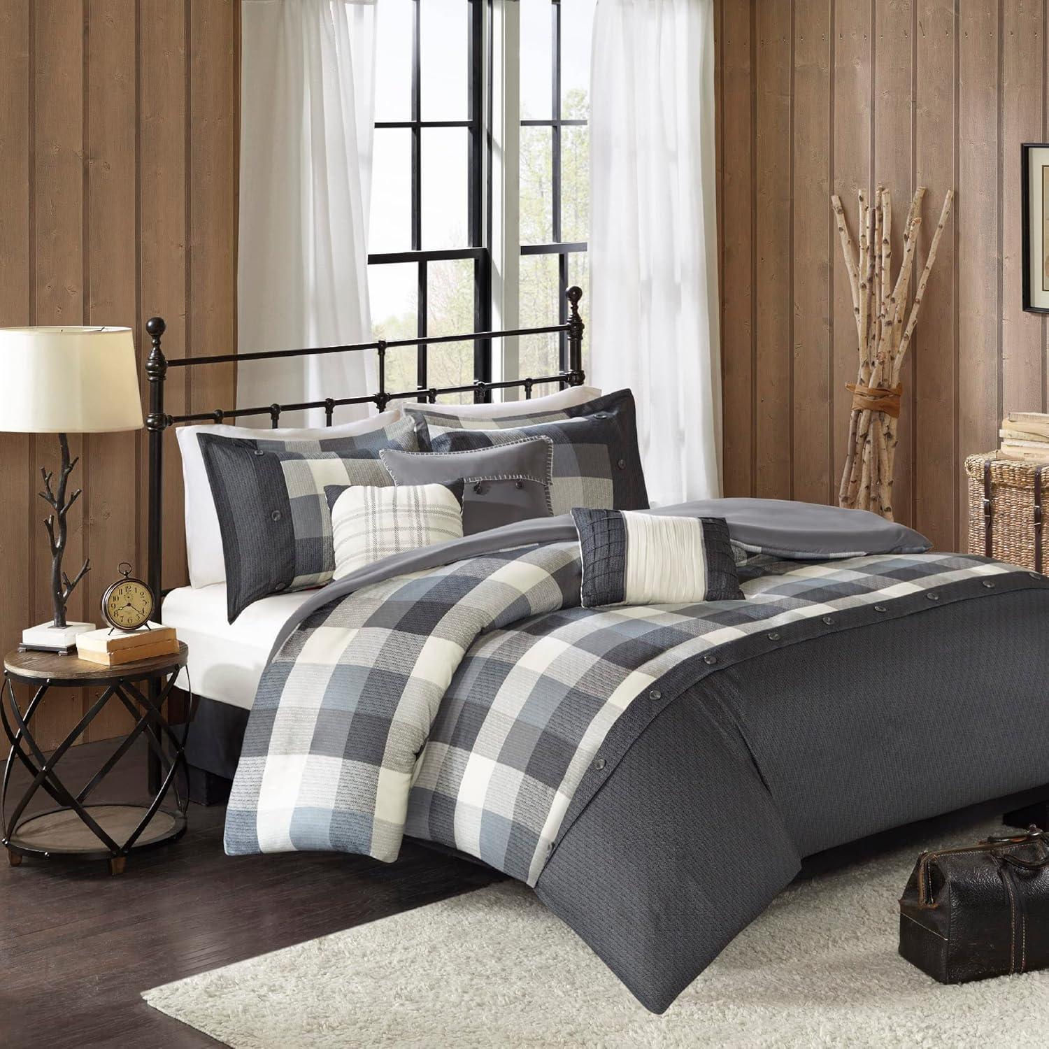7 Pcs Stylish Buffalo Plaid Print Comforter Set, All Season Bedding Sets, Cozy Home Textile for Modern Bedroom Decor, Grey, Queen