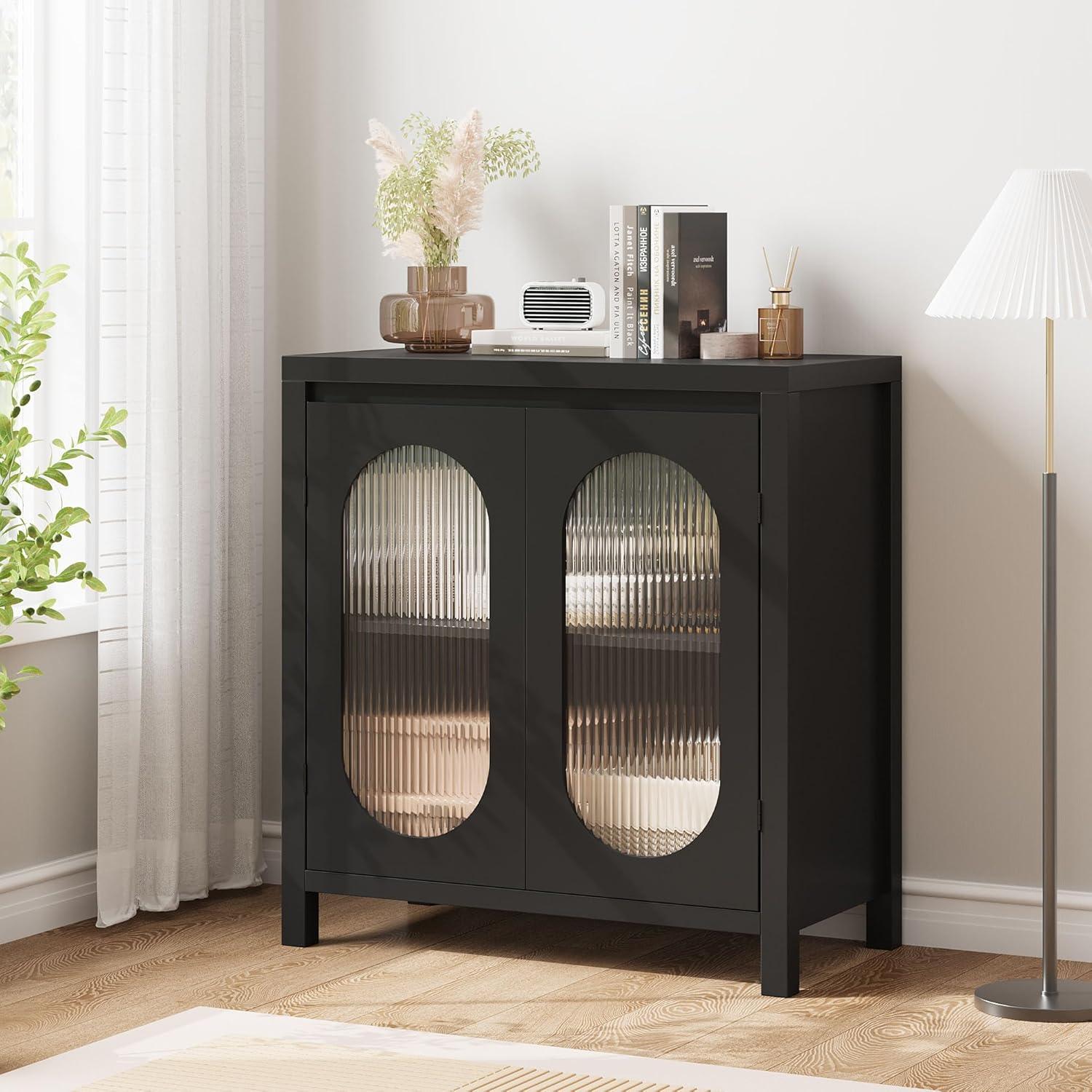 Rattan Storage Cabinet, Wooden Sideboard Buffet Cabinet with Doors and Shelves, Small Console Cabinet with Storage