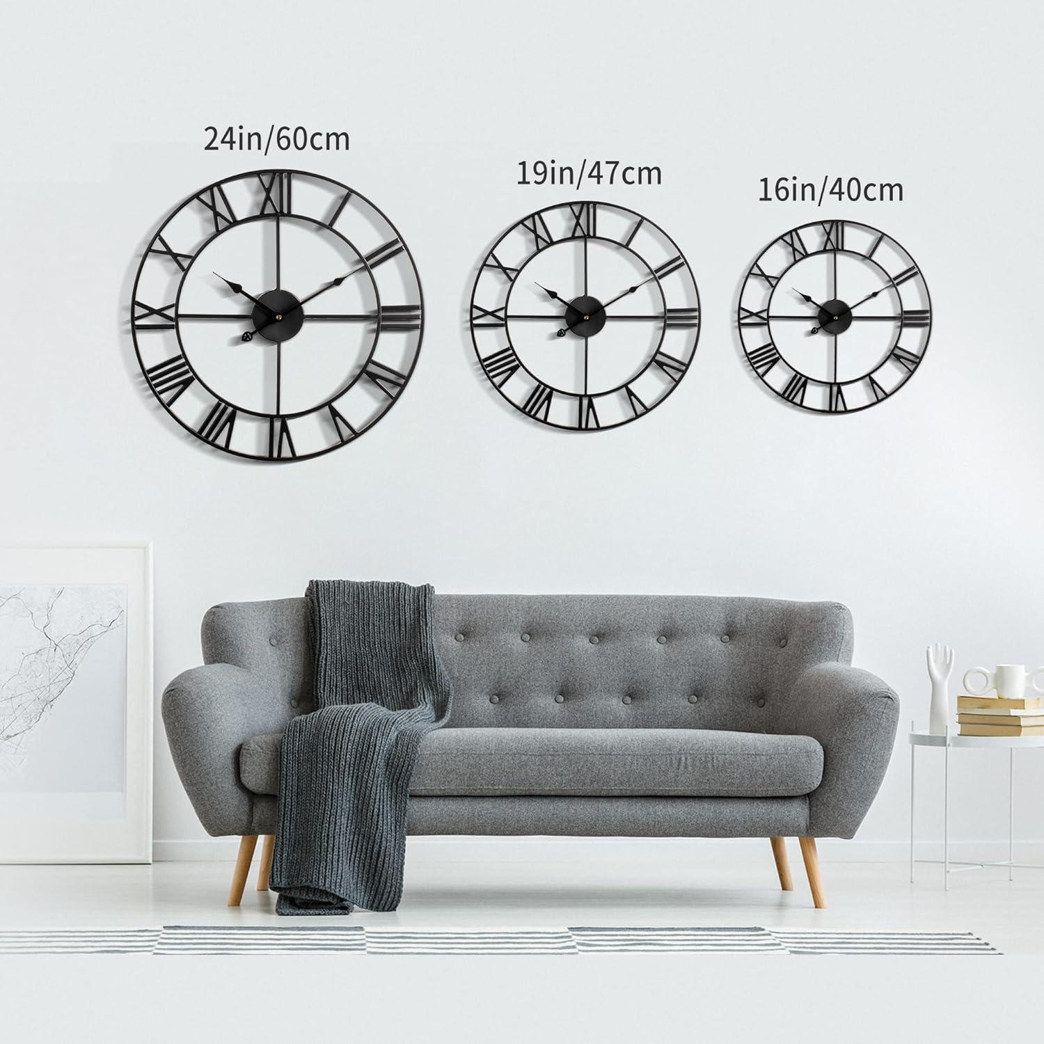 Large Vintage Round Metal Wall Clock Silent Non Ticking Battery Operated Black Roman Numerals Clocks For Living Room Bedroom Kitchen Decoration