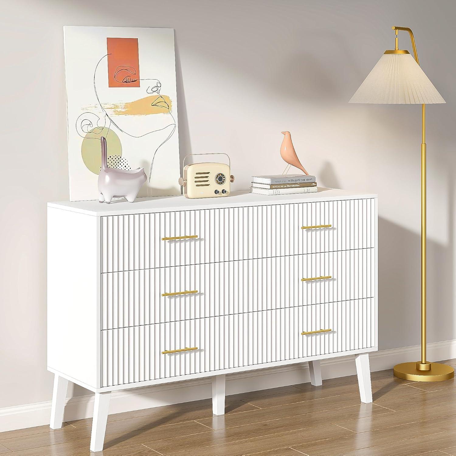 White and Gold Fluted 6-Drawer Dresser with Curved Design