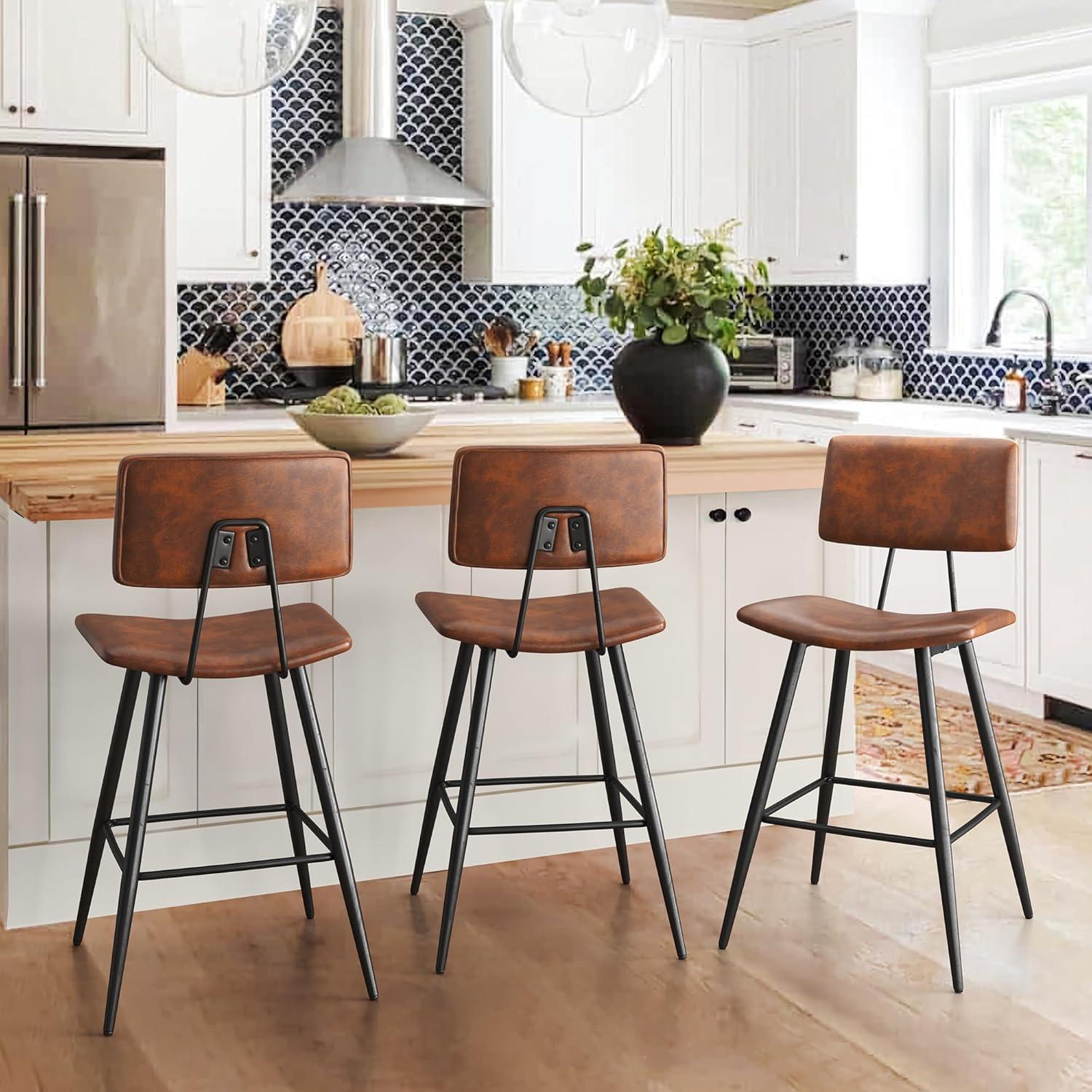 Red Brown Faux Leather and Metal Counter Height Bar Stools Set of 3