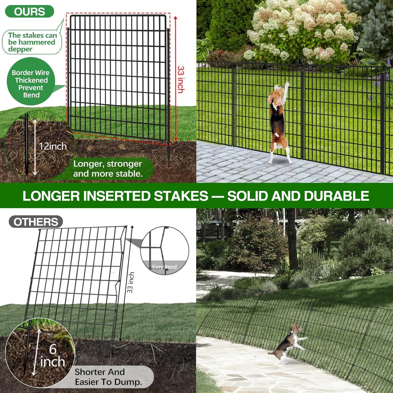 10 Panels Garden Fencing Animal Barrier, 33 in(H) X 24 ft(L) Dog Fence Outdoor for Yard Rustproof No Dig Decorative Tall Garden Fence Metal Wire Panel Border Patio Rabbit Ground Stakes Fencing