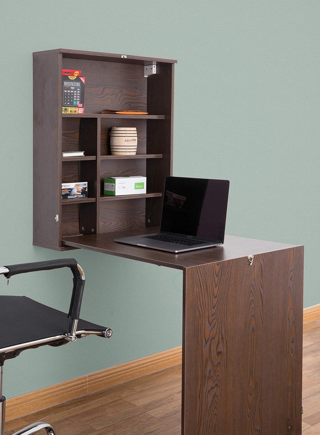 Basicwise Wall Mount Laptop Fold-out Desk with Shelves, Brown