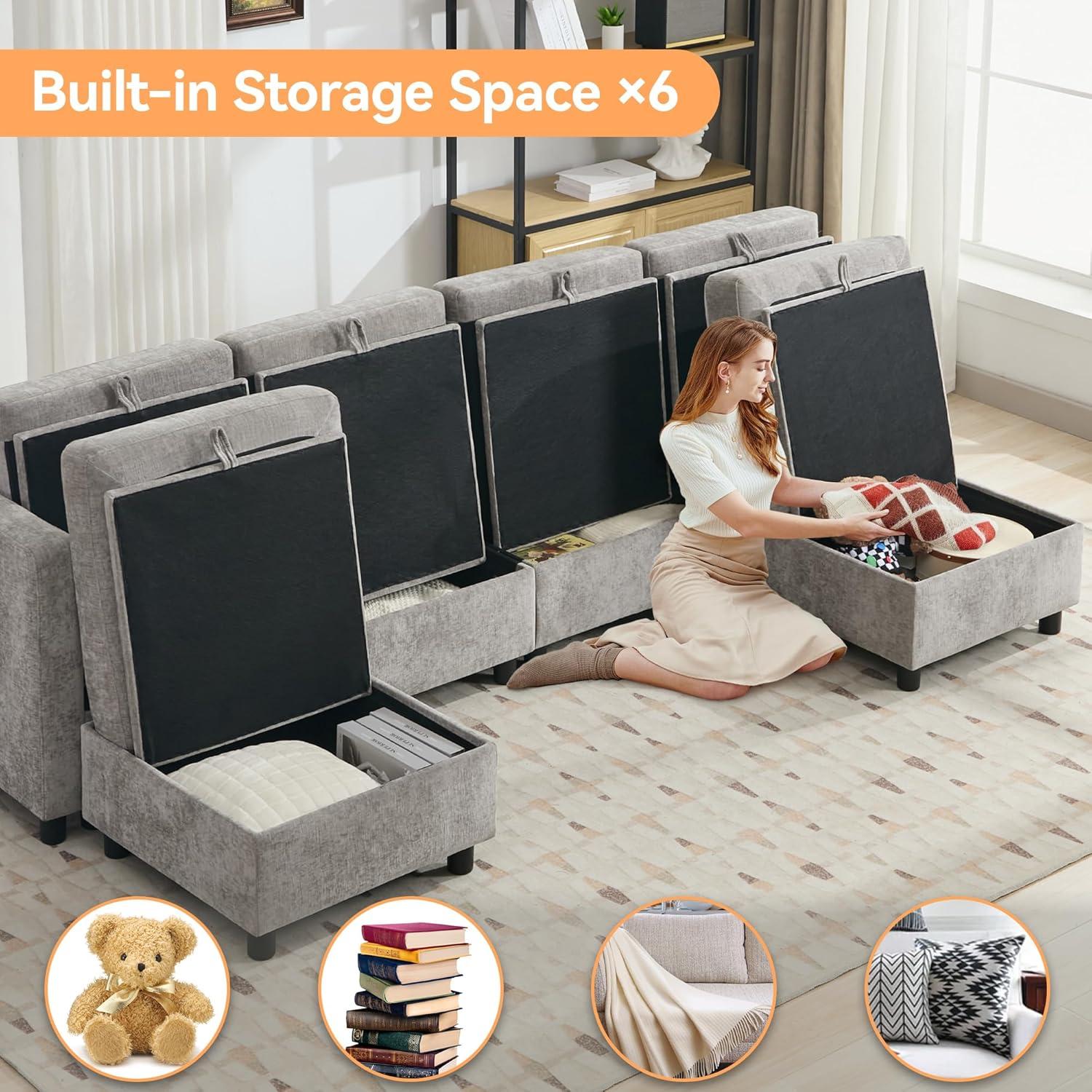 Ebern Designs 107”Modular Sectional Sofa Convertible U Shaped Sofa Couch Set With Storage For Living Room, Modern 6 Seater Modular Sectional Couch With Movable Ottoman, Chenille