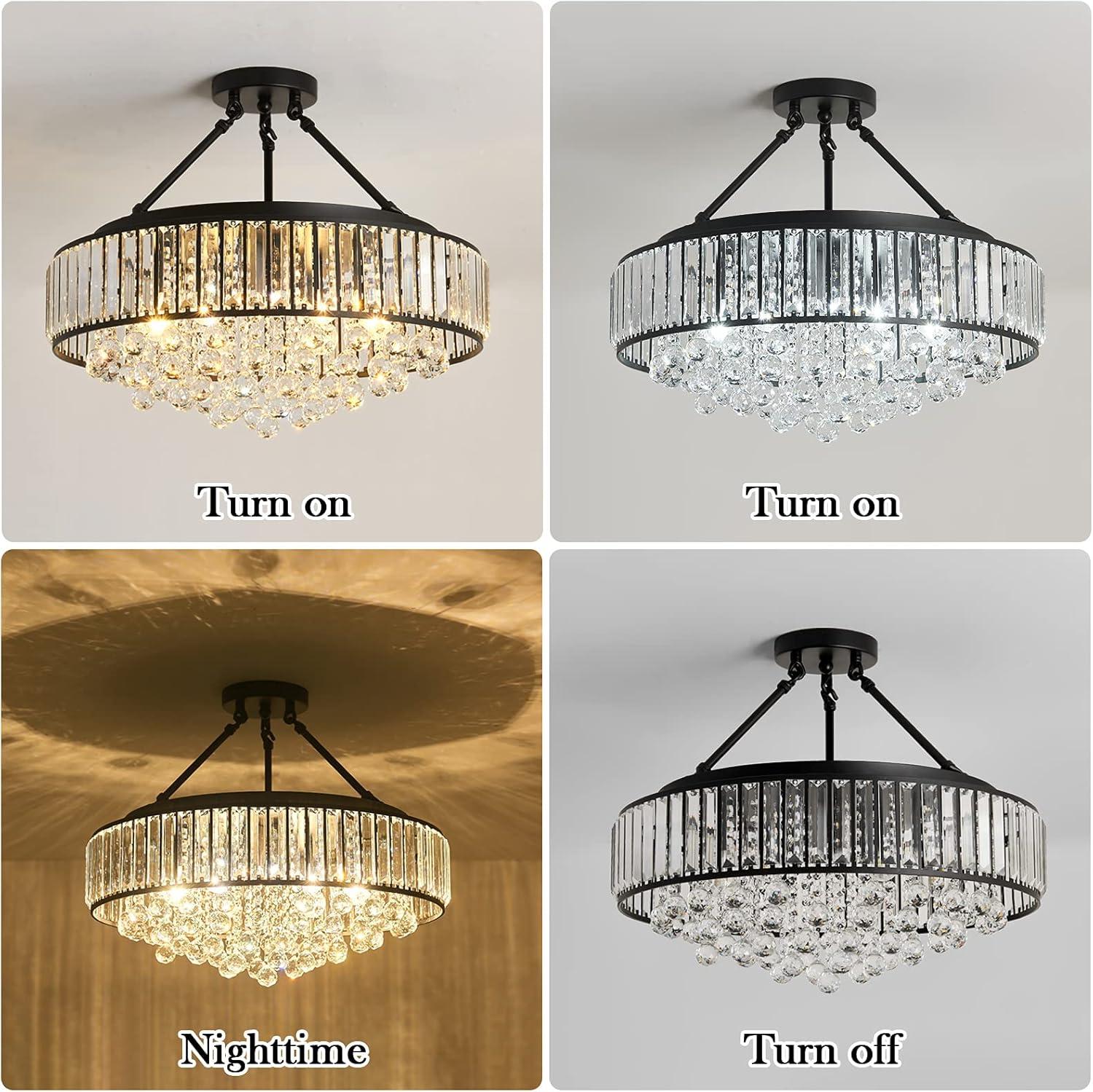 YYJLX 6-Light Modern Large Crystal Chandelier Black Metal E26 Semi Flush Mount Round Light Fixture Ceiling Lamp Farmhouse for Dining Living Room Laundry Foyer Kitchen Balcony Bedroom