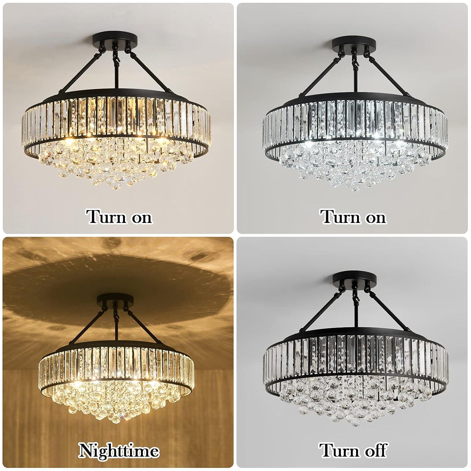 YYJLX 6-Light Modern Large Crystal Chandelier Black Metal E26 Semi Flush Mount Round Light Fixture Ceiling Lamp Farmhouse for Dining Living Room Laundry Foyer Kitchen Balcony Bedroom