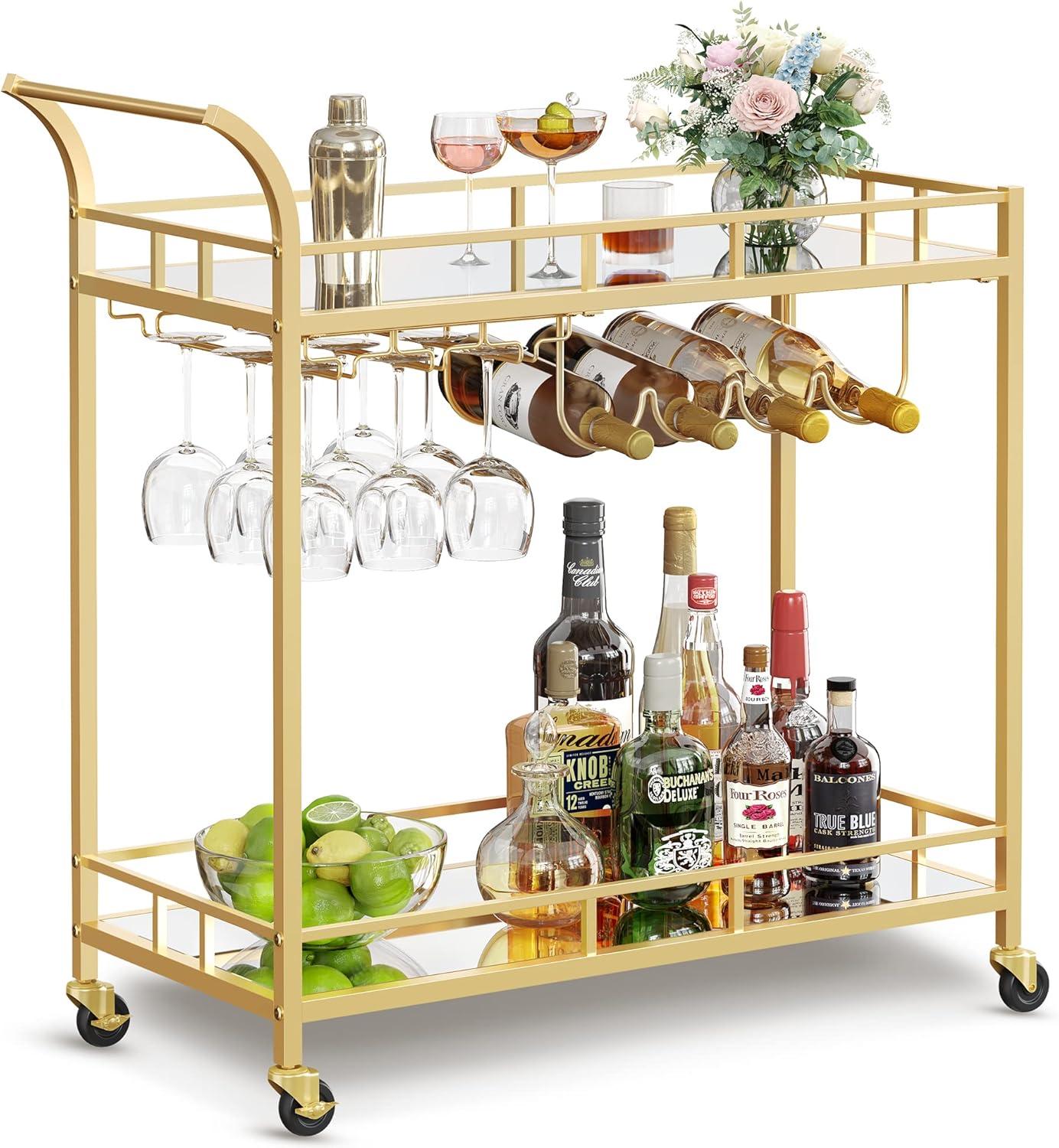 Bar Cart Gold   Bar Serving Cart  Wine Cart with 2 Mirrored Shelves  Wine Holders  Glass Holders  for Kitchen  Dining Room  Gold ULRC092A62