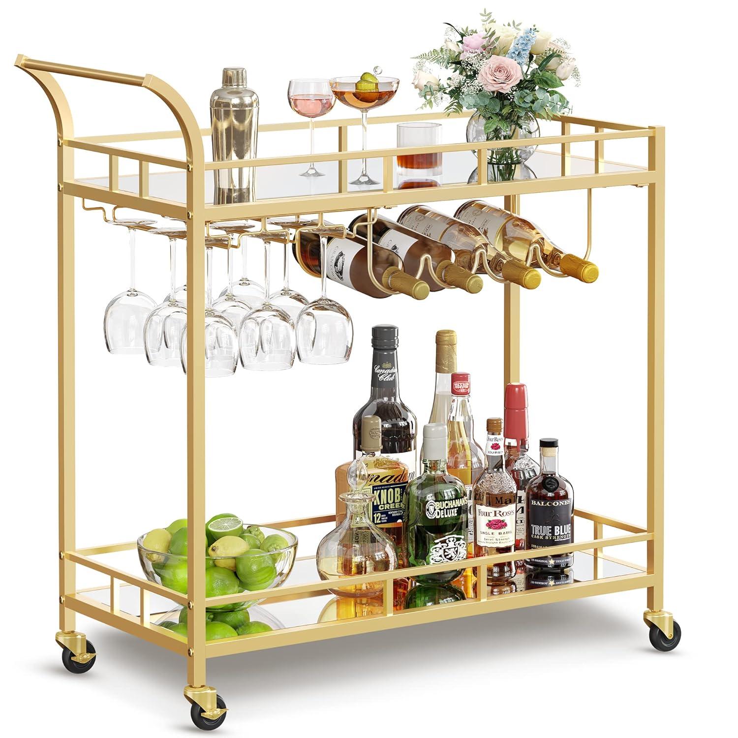 VASAGLE Bar Cart Gold, Home Bar Serving Cart, Wine Cart with 2 Mirrored Shelves, Wine Holders, Glass Holders, for Kitchen, Dining Room, Gold ULRC092A62