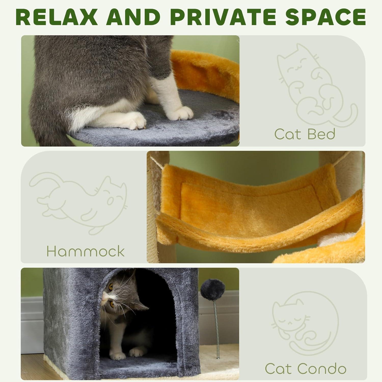 PawHut Cat Tree, 63 Inch Moon and Star Themed Cat Tower with Scratching Post, Hammock, Condo, Bed, Scratching Board & Cat Toys, Beige