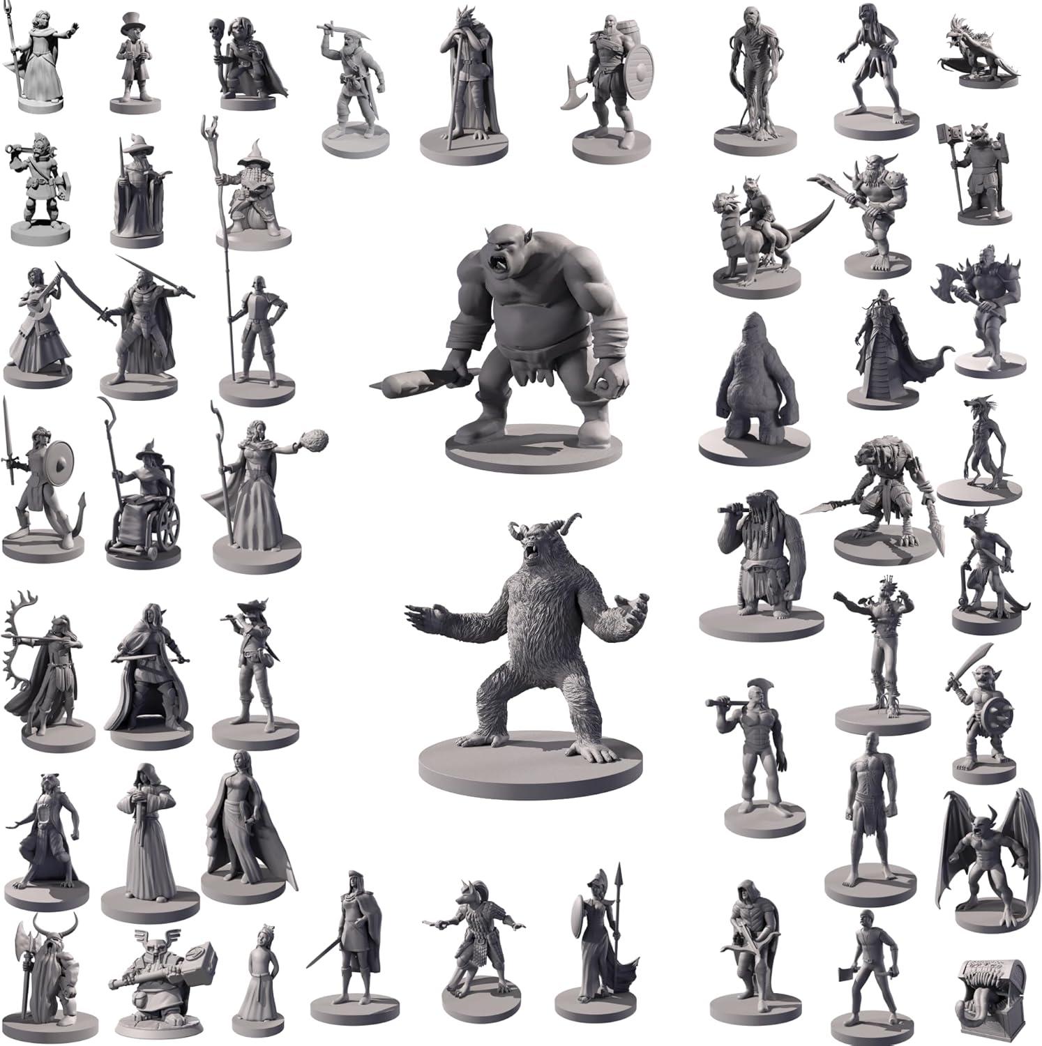 50 Unique Miniatures Fantasy Tabletop RPG Figures for Dungeons and Dragons, Pathfinder Roleplaying Games. Bulk unpainted, Great for D&D