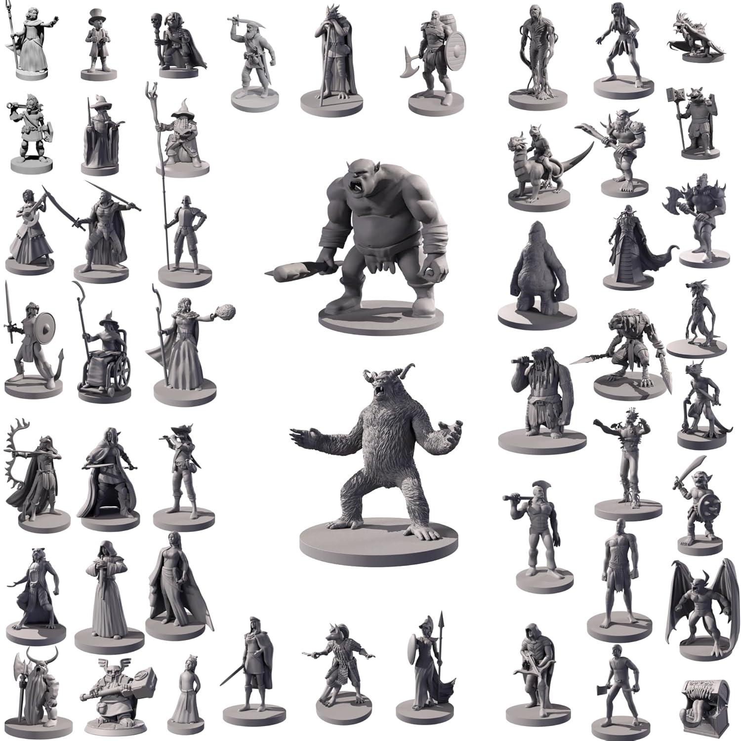 50 Unique Miniatures Fantasy Tabletop RPG Figures for Dungeons and Dragons, Pathfinder Roleplaying Games. Bulk unpainted, Great for D&D