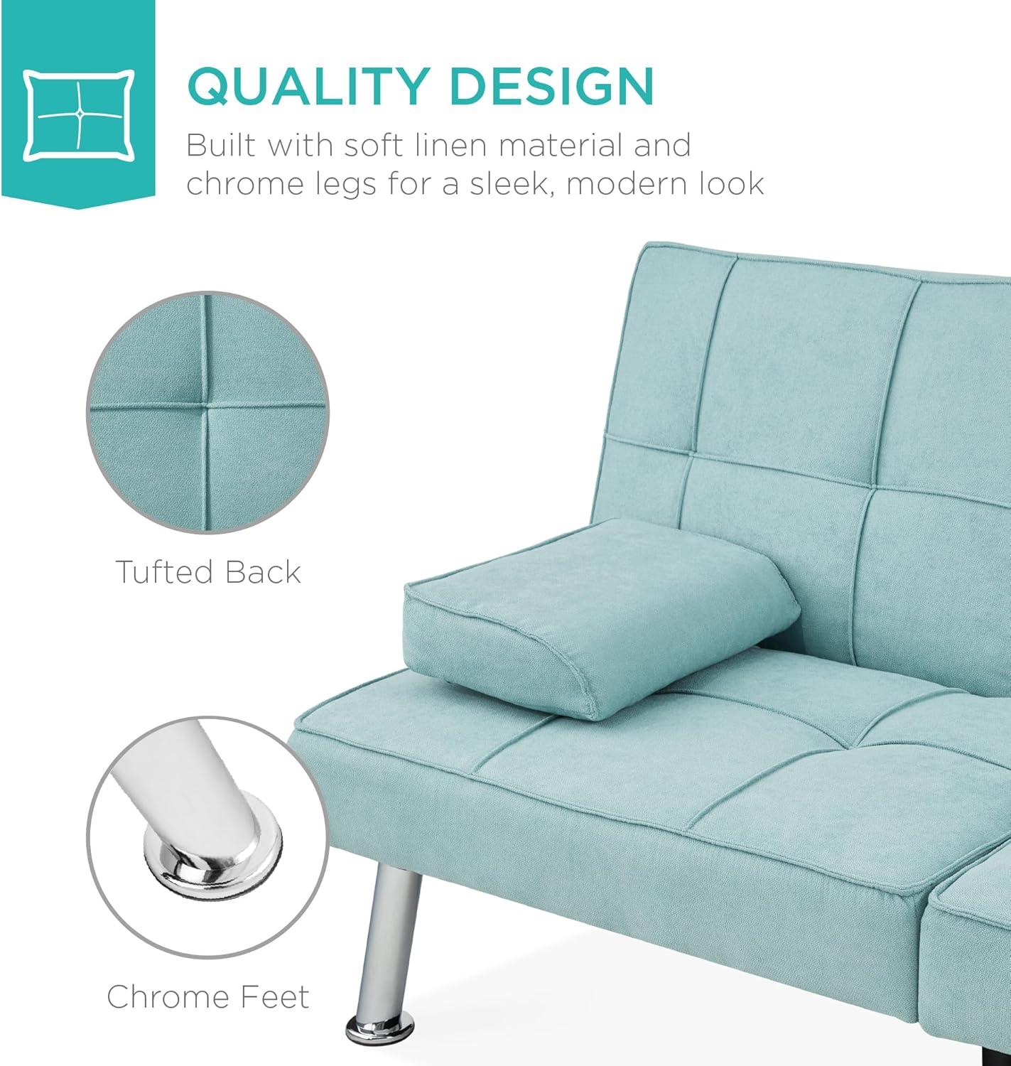 Best Choice Products Modern Linen Convertible Futon Sofa Bed w/ Removable Armrests, Metal Legs, Cupholders - Aqua