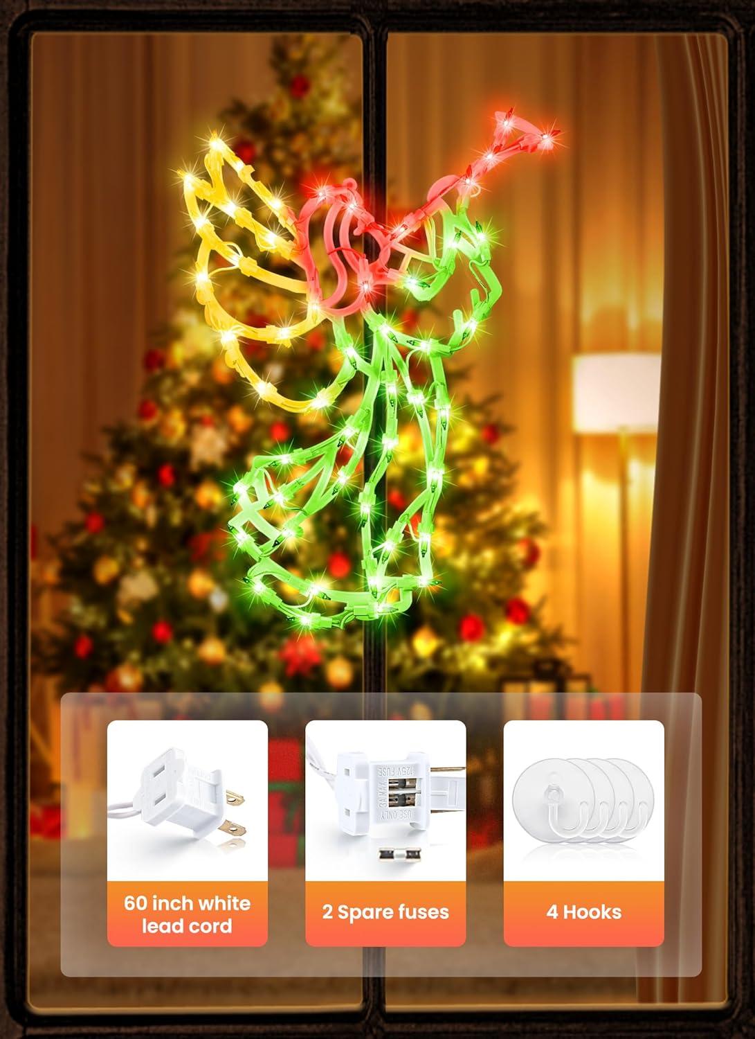 Christmas Window Silhouette Lights Decorations - Pack of 4 Sign Colour Lighted Wreath, Candy Cane, Bell, and Angel for Holiday Indoor Wall Door Glass Decor