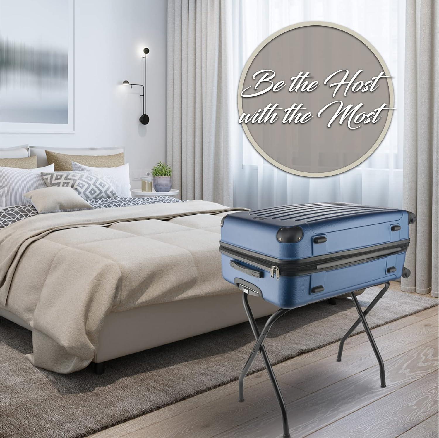 BINO 2-Pack Folding Luggage Rack Collapsible Metal Suitcase Stand With Durable Black Nylon Straps- For Bedroom, Guest Room, Or Hotel (Gray Steel)