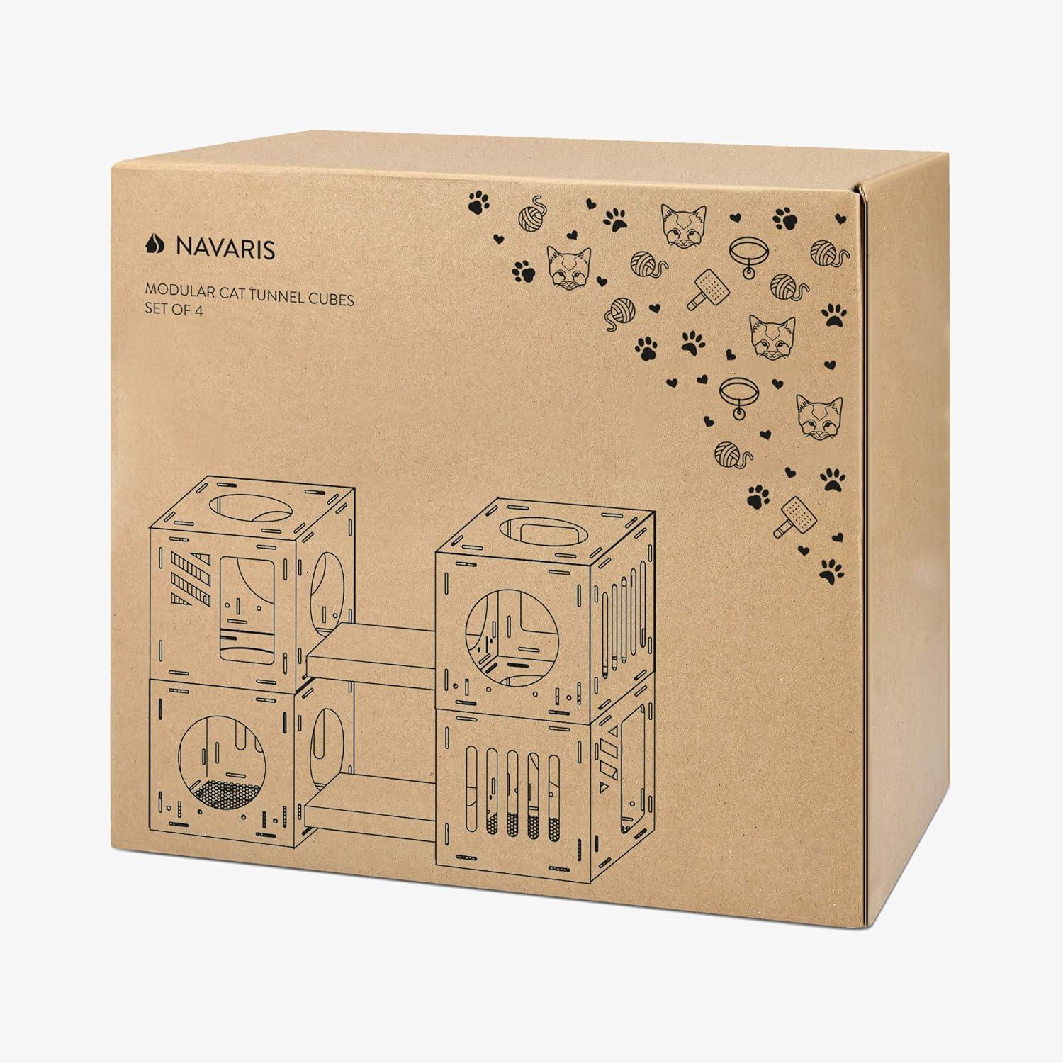 Navaris Modular Cardboard Cat House - DIY Corrugated Cardboard Configurable Play Tower Condo for Small Cats, Kittens, Rabbits - 4 Cubes with 2 Bridges