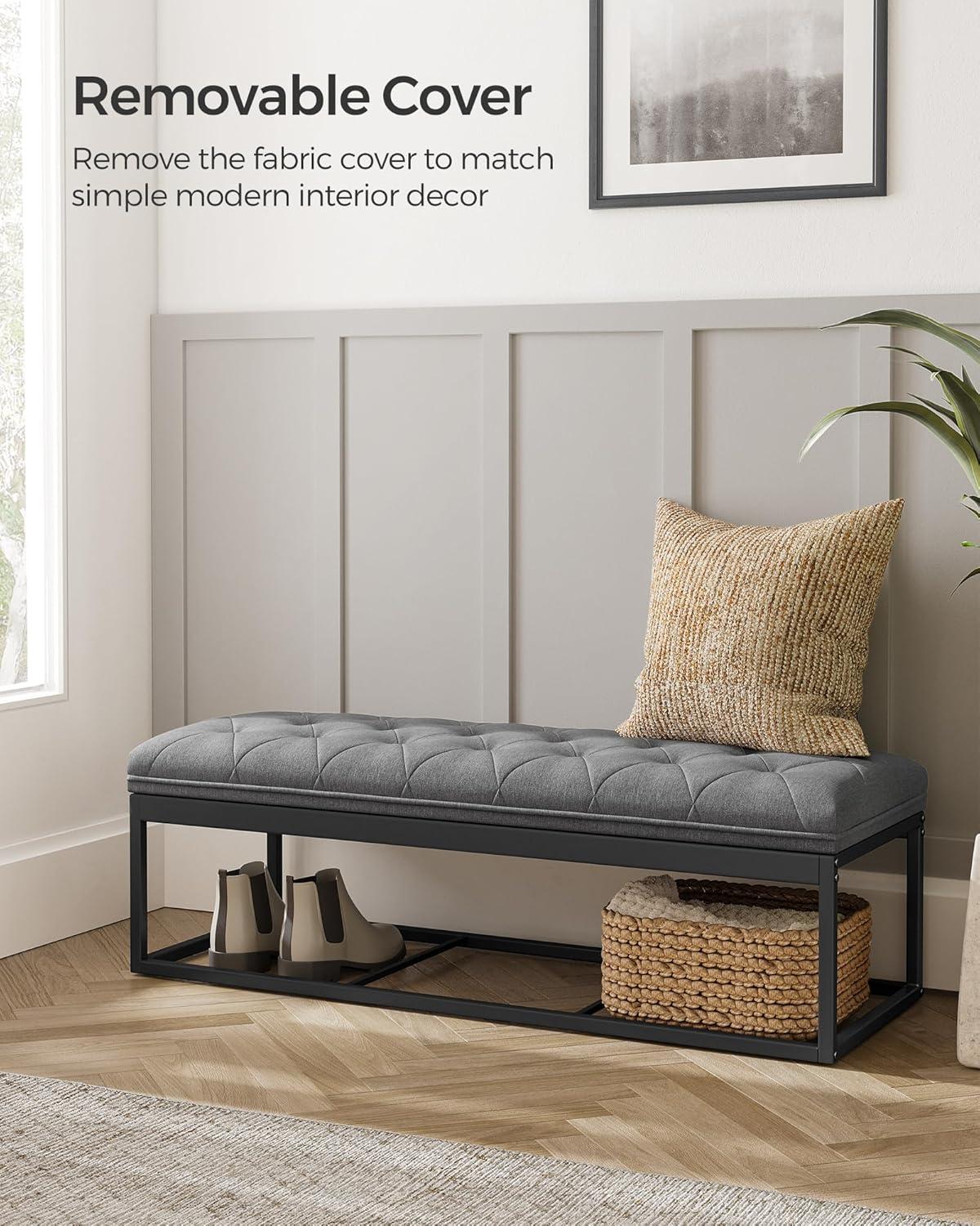 Dark Grey Fabric Upholstered Rectangular Tufted Storage Ottoman Bench