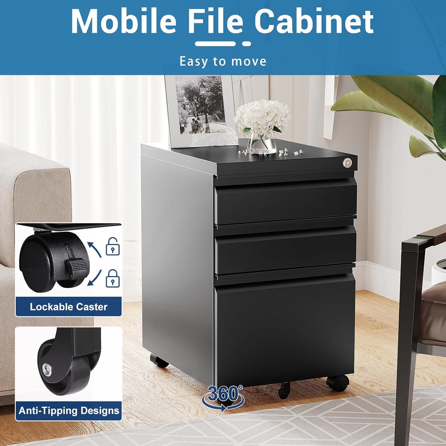 3 Drawer Mobile File Cabinet, Metal Filing Cabinets with Lock Wheels Under Desk, Lockable Rolling File Cabinet for Home Office, Fit Letter/Legal/A4 Size (Black)